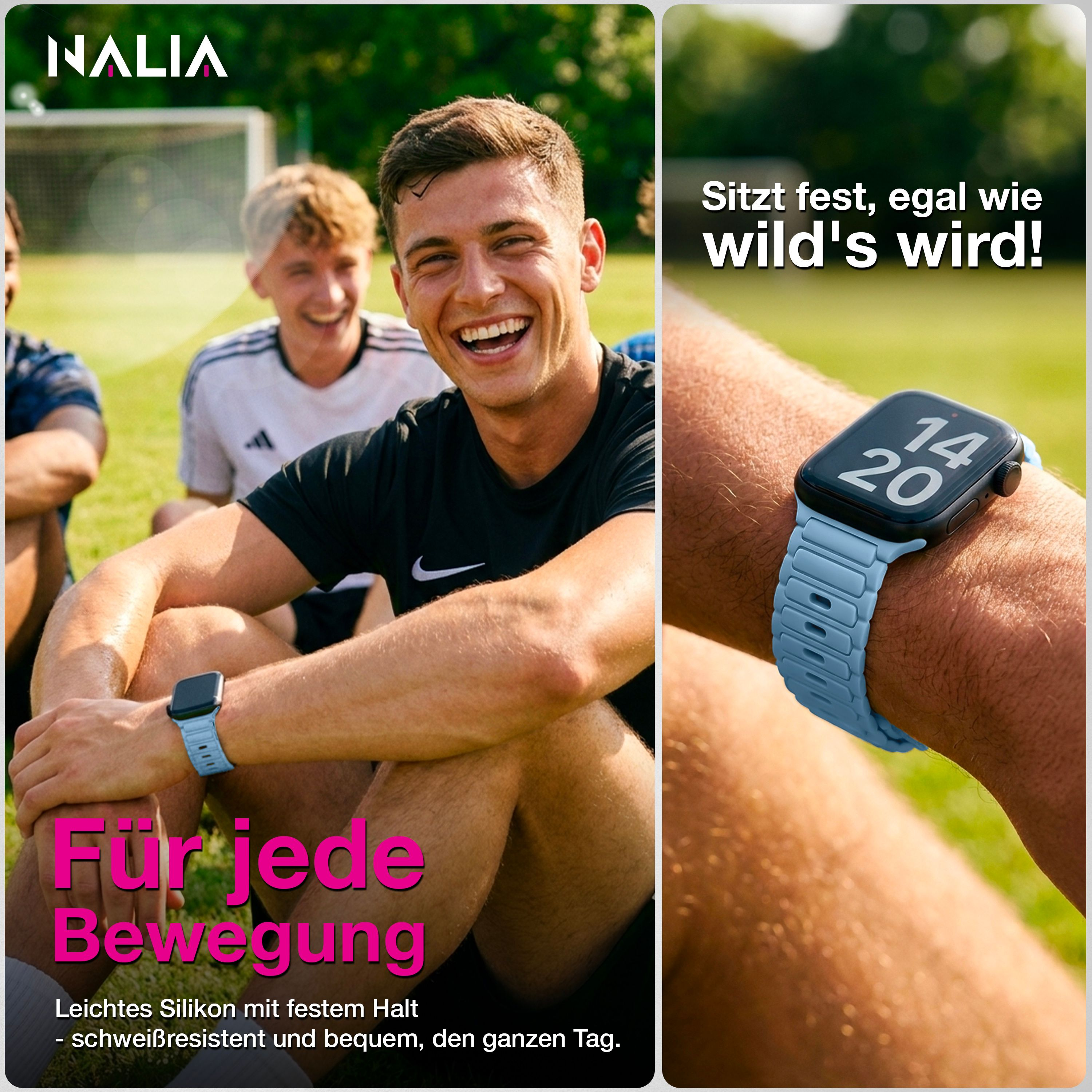 Lachelnder Mann sitzt auf Gras, tragend eine Smartwatch mit hellblauem Silikonarmband und Textuberlagerungen.