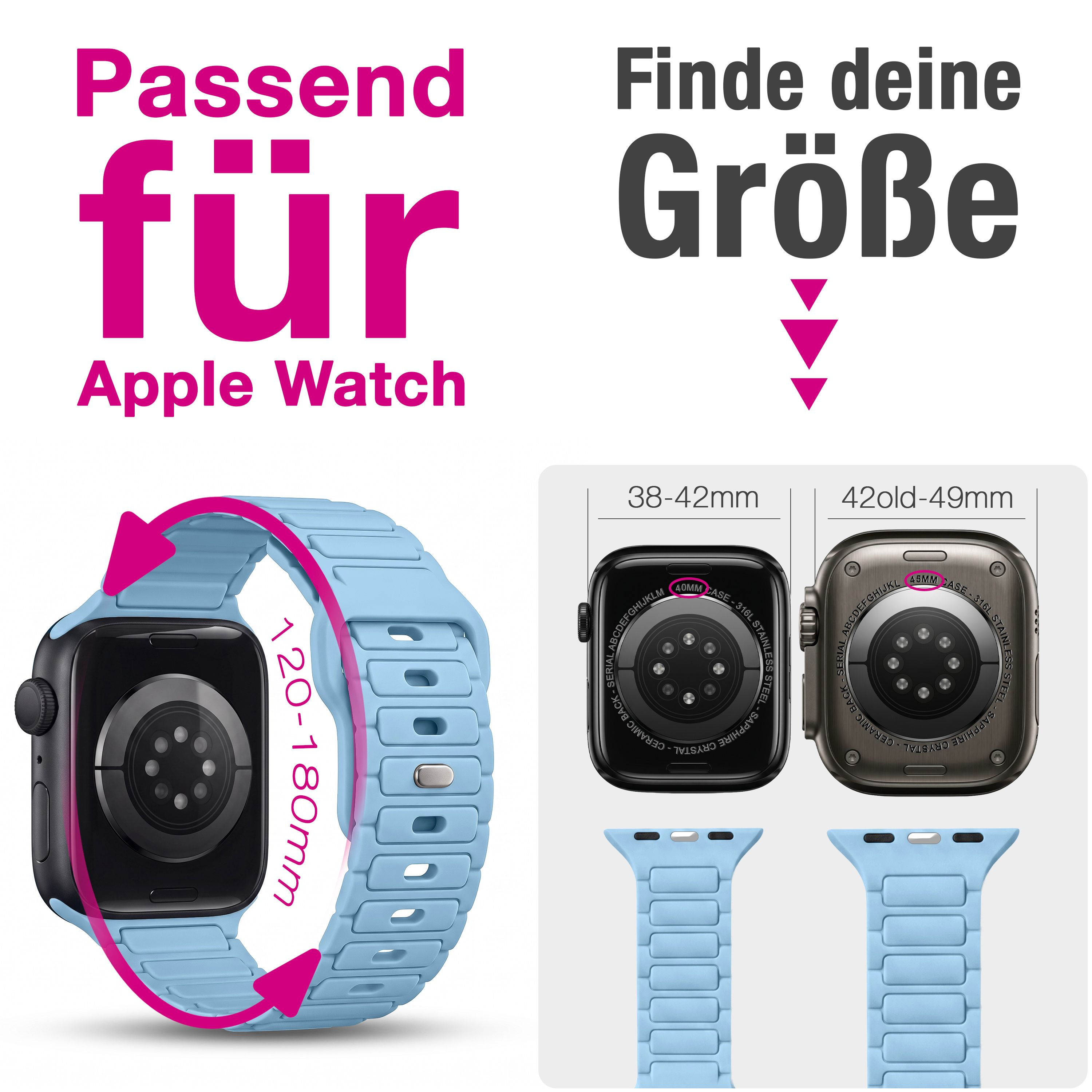 Blaue Apple Watch Armbänder mit Größenangaben und Kompatibilitätshinweisen.