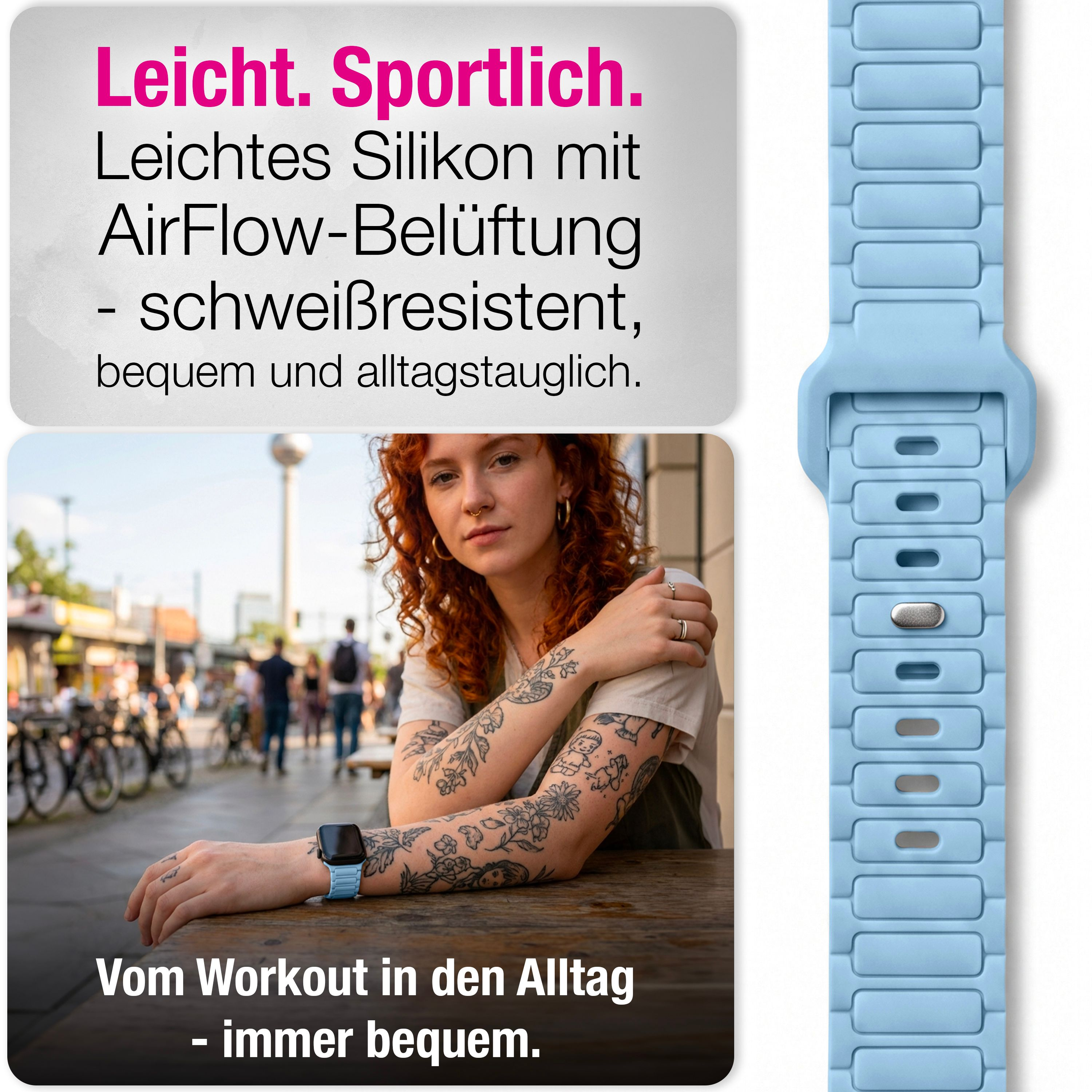 Eine Frau mit Tattoos sitzt in der Stadt und trägt eine blaue Silikon-Smartwatch. Rechts ist das Armband im Detail.
