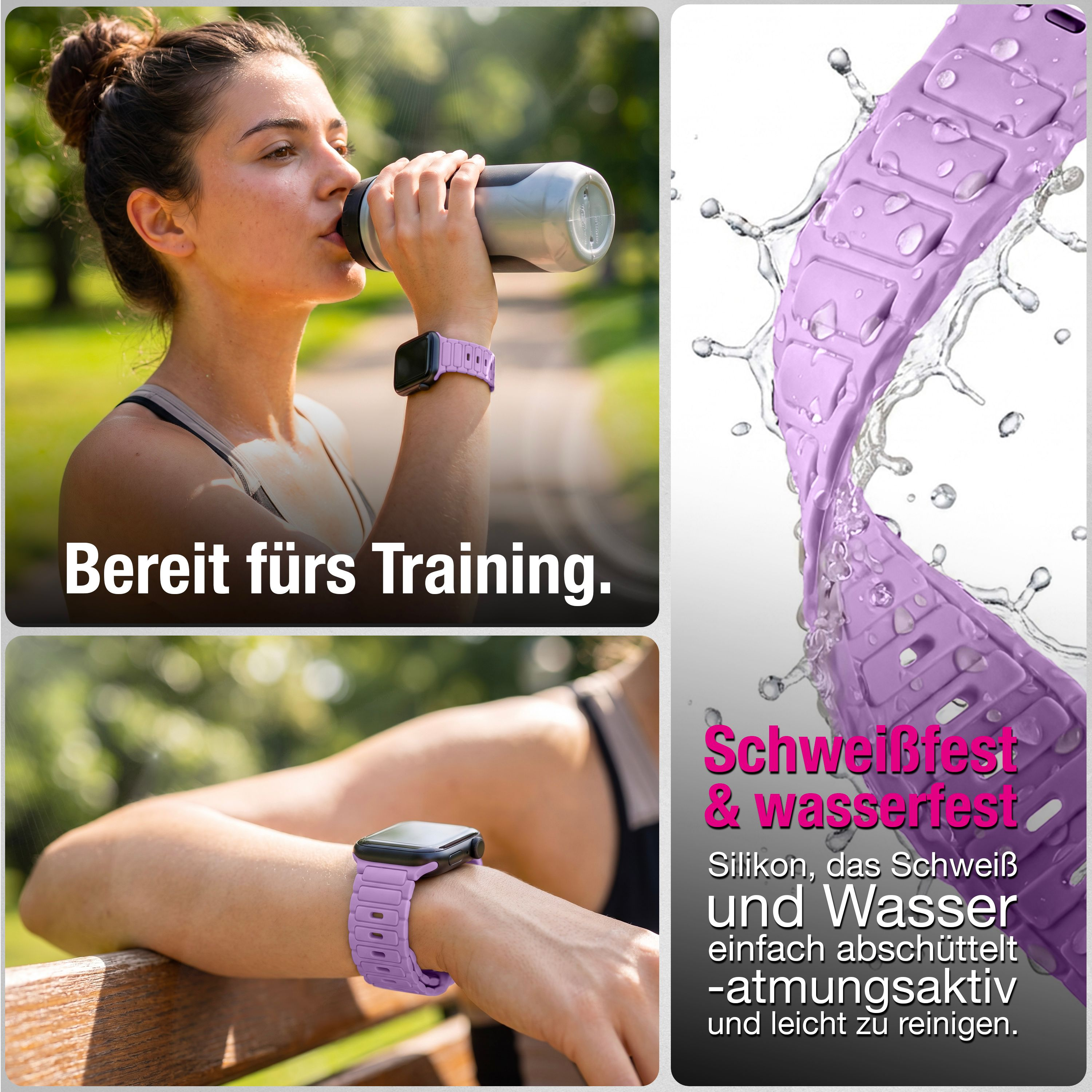 Eine Frau trinkt aus einer Flasche und trägt eine Sportuhr mit lila Armband. Text: Bereit fürs Training und Schweißfest.
