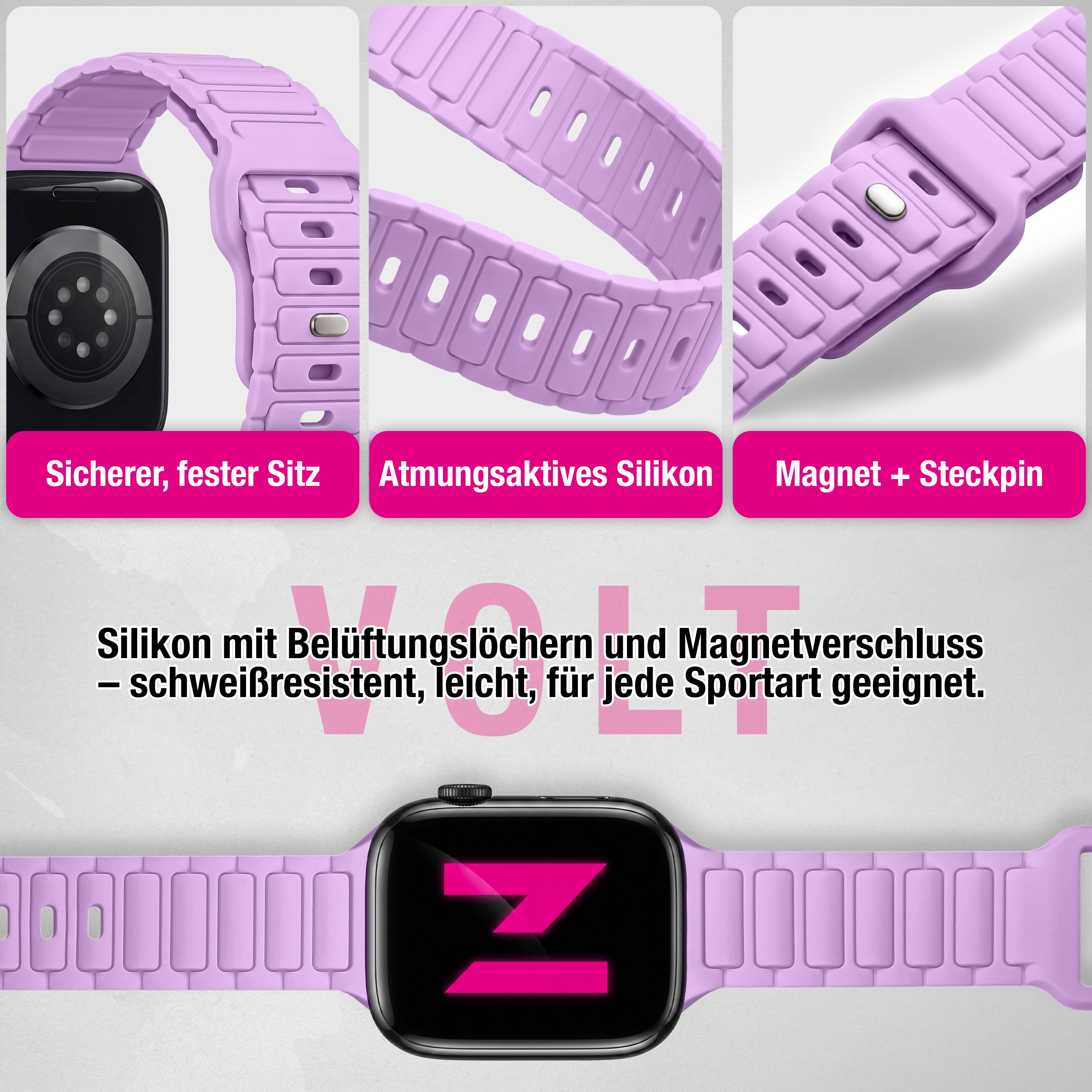 Ein lila Silikon-Smartwatch-Armband mit Belüftungslöchern, Magnetverschluss und Stift, in verschiedenen Ansichten.