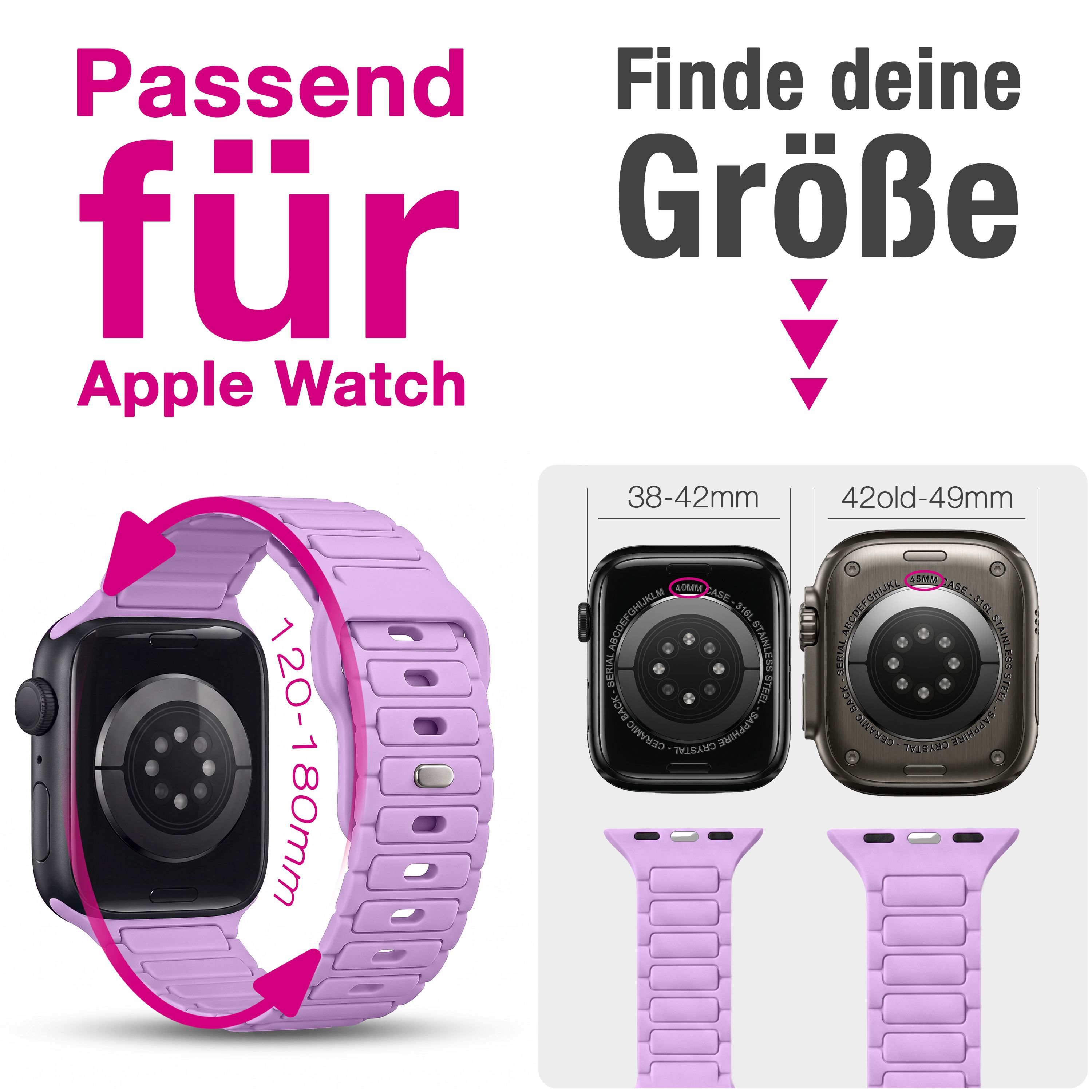 Lila Apple Watch Armband mit Größenangaben für verschiedene Modelle.