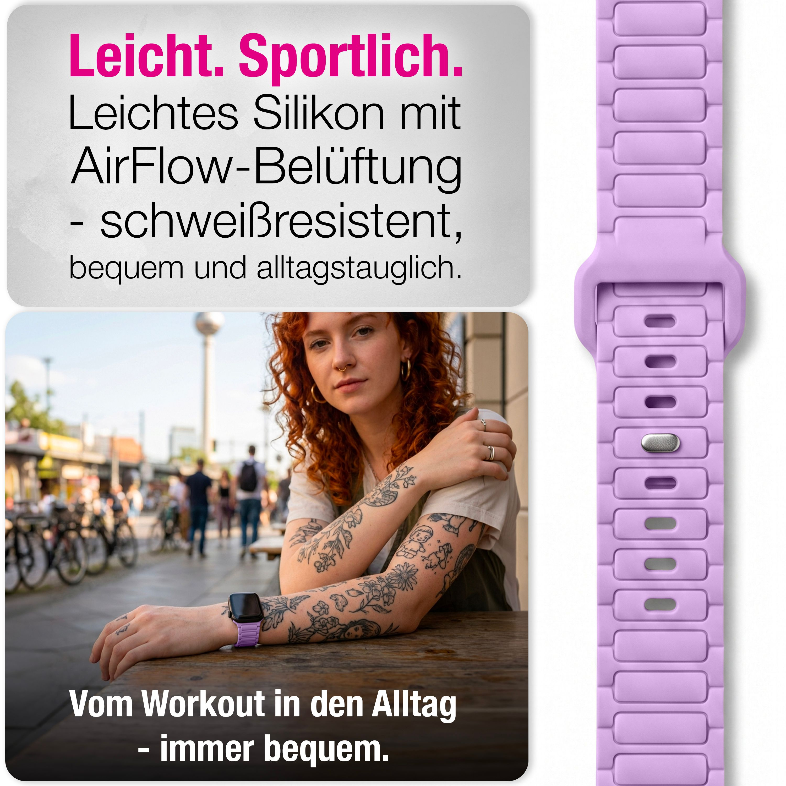 Lila Silikonarmband mit Belüftung, getragen von einer Frau in der Stadt, mit Textoverlay.