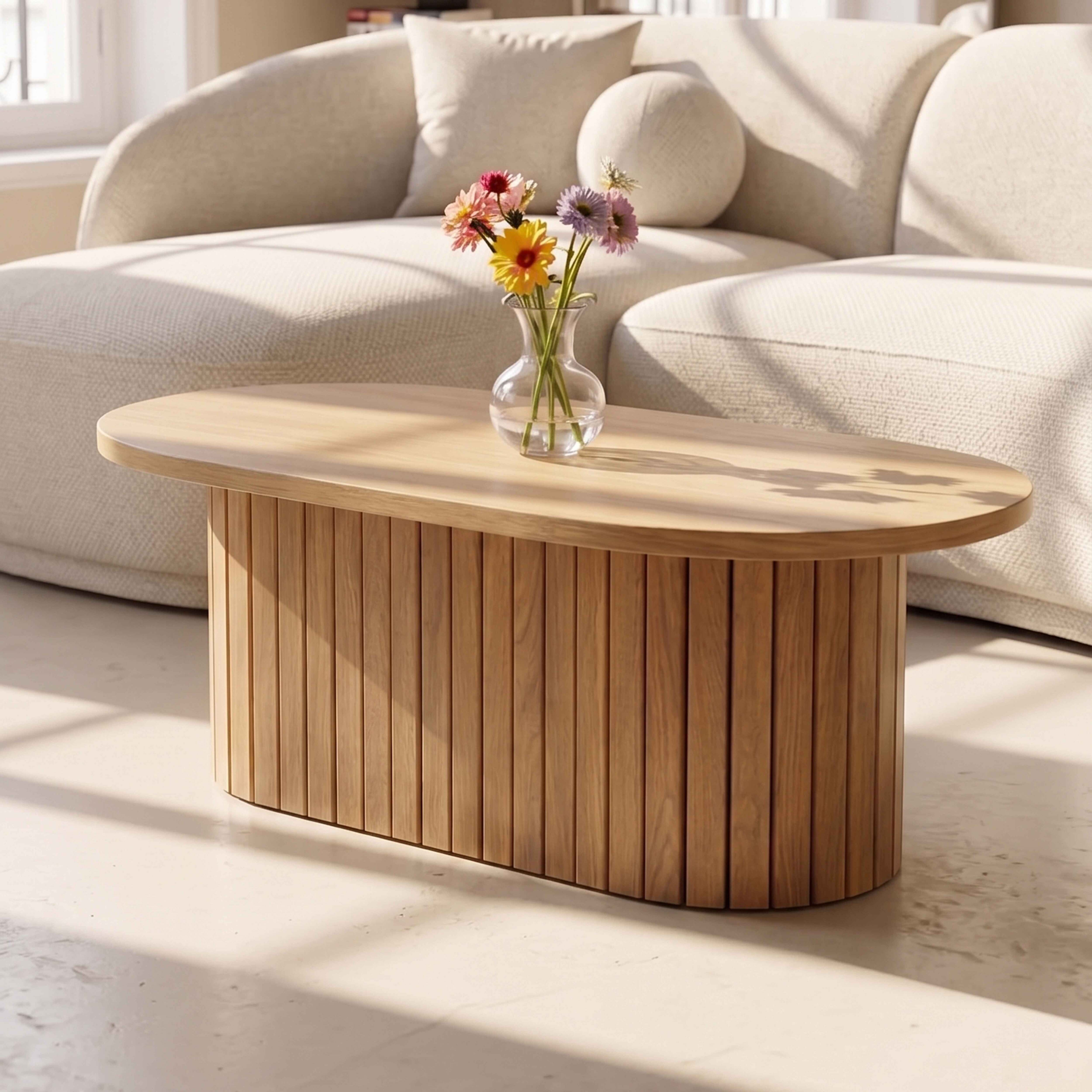 Ein Holzcouchtisch mit einer Blumenvase steht vor einem cremefarbenen Sofa in einem sonnigen Raum.