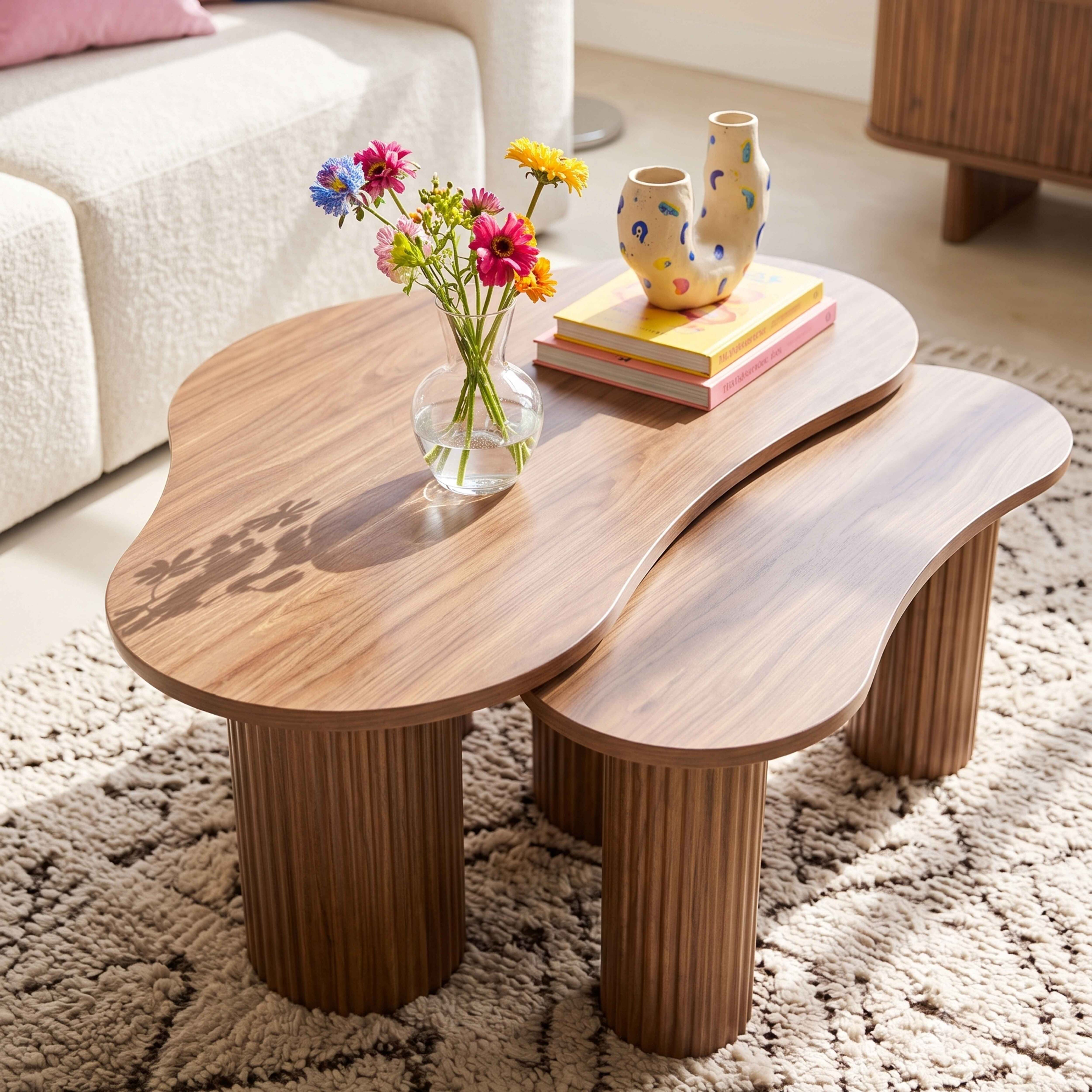 Holz-Couchtische mit Blumen, Büchern und einer Vase auf einem Teppich vor einem Sofa.