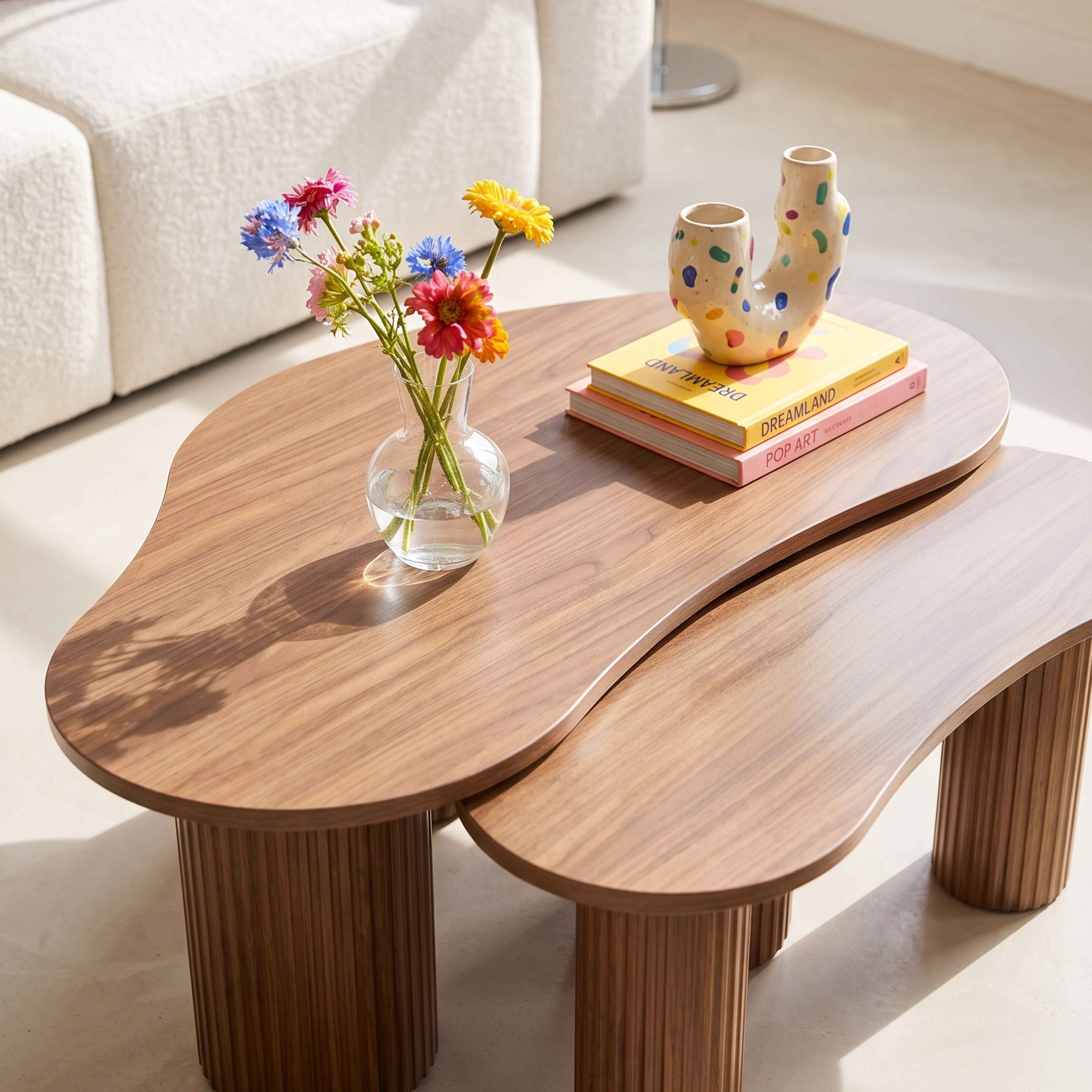 Holz-Couchtisch mit bunten Blumen im Glas und modernem Keramikgefäß auf gestapelten Büchern.