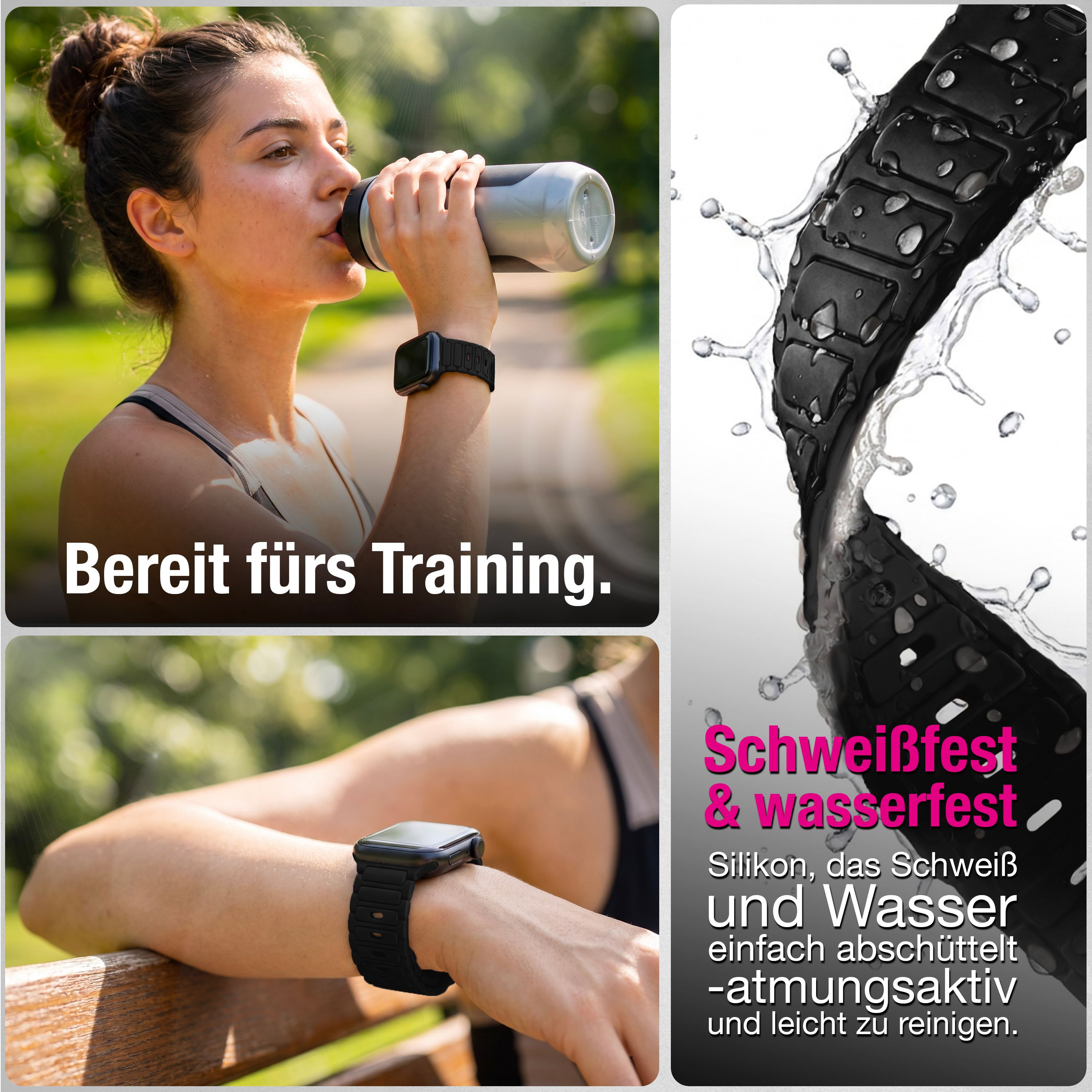Eine Frau trinkt Wasser outdoors, nahaufnahme ihrer wasserfesten Smartwatch mit Silikonarmband und Wasserspritzern.