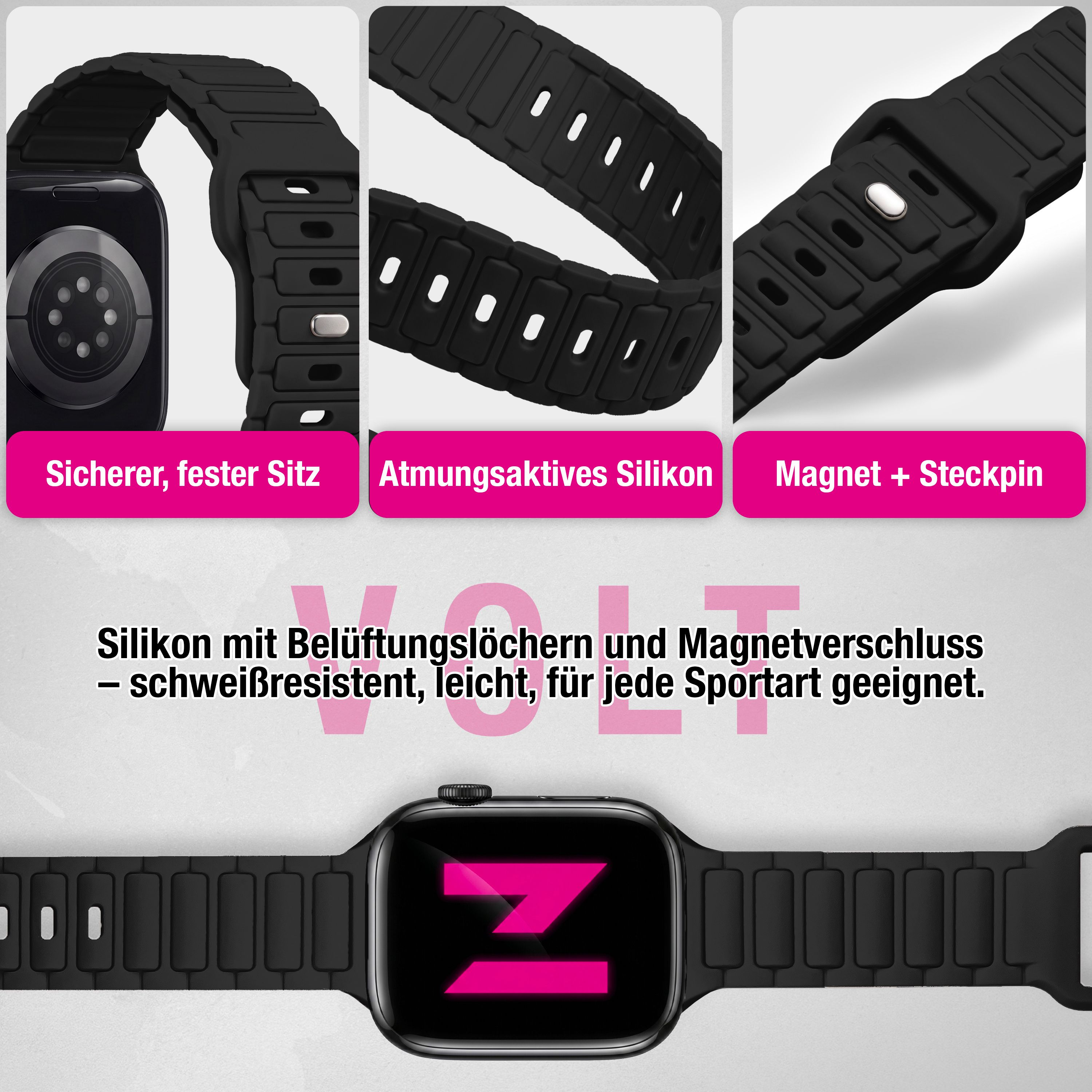 Schwarzes Silikonarmband mit Belüftungslöchern und Magnetverschluss für Smartwatches, leicht und schweißresistent.
