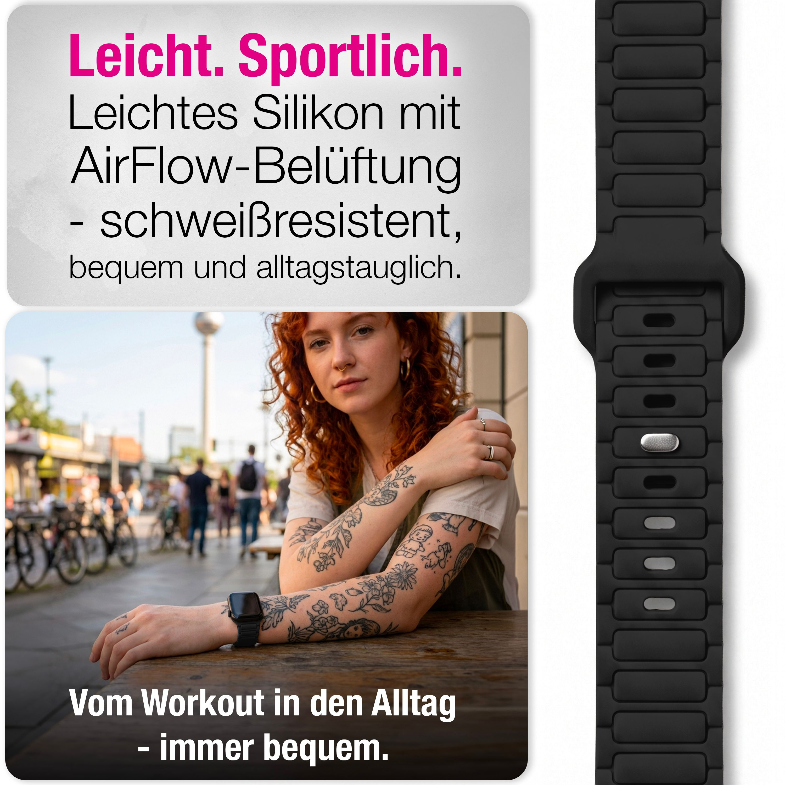 Eine Frau mit Tattoos trägt eine schwarze Smartwatch mit Silikonarmband in der Stadt.