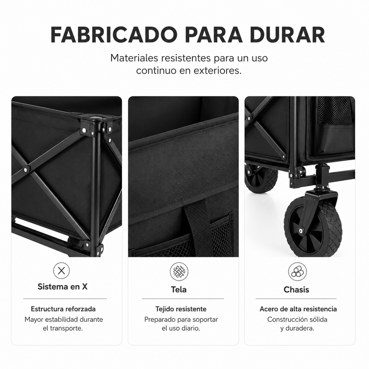 Detalles de un carro de mano: estructura en X, tela resistente y ruedas robustas.
