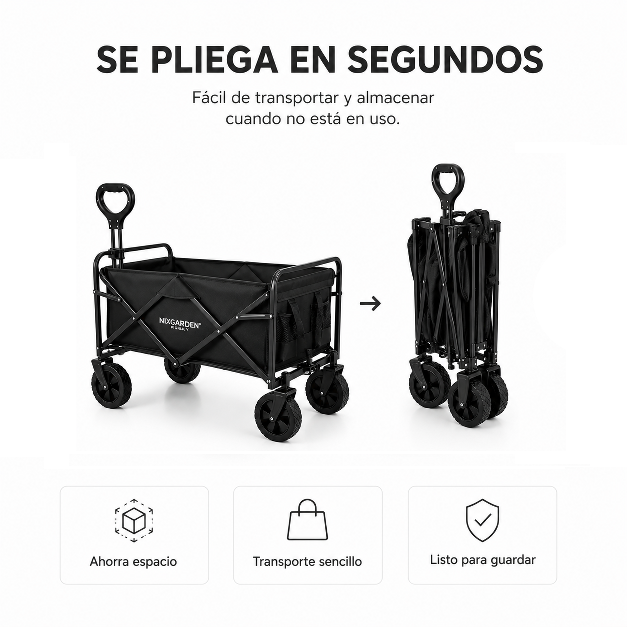 Un carro plegable negro mostrado abierto y plegado, con texto en español e iconos abajo.