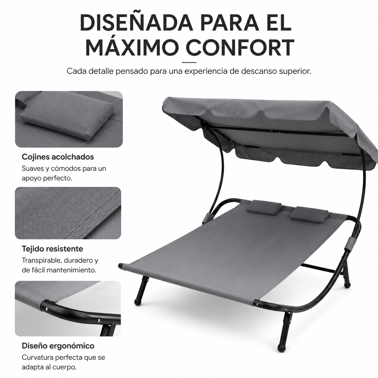 Tumbona de jardín gris con estructura negra, toldo y cojines, mostrada con detalles.