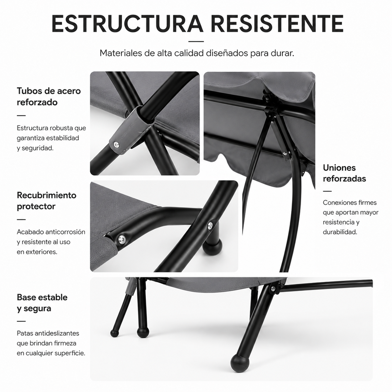Vistas detalladas de tubos de acero robustos, revestimiento protector, uniones reforzadas y base estable.