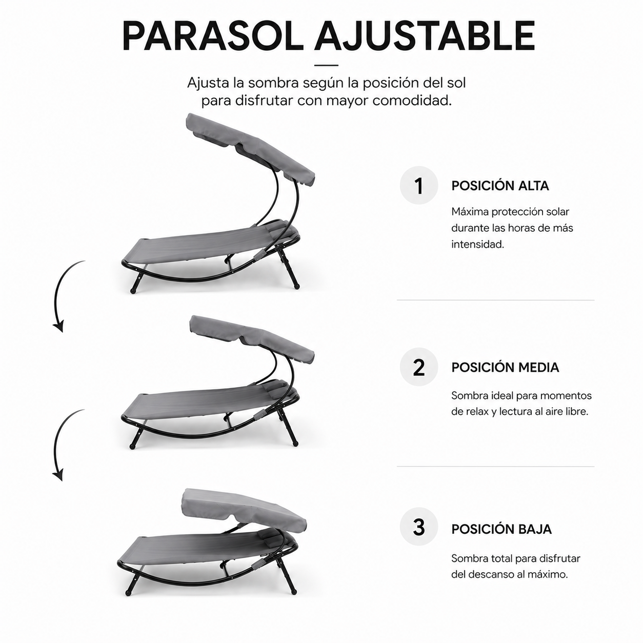 Diagrama muestra tres posiciones ajustables de sombrilla en una tumbona gris.