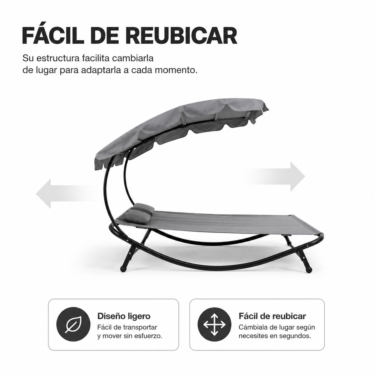 Tumbona gris con estructura de metal negro, toldo y dos cojines. Texto promocional en español arriba.