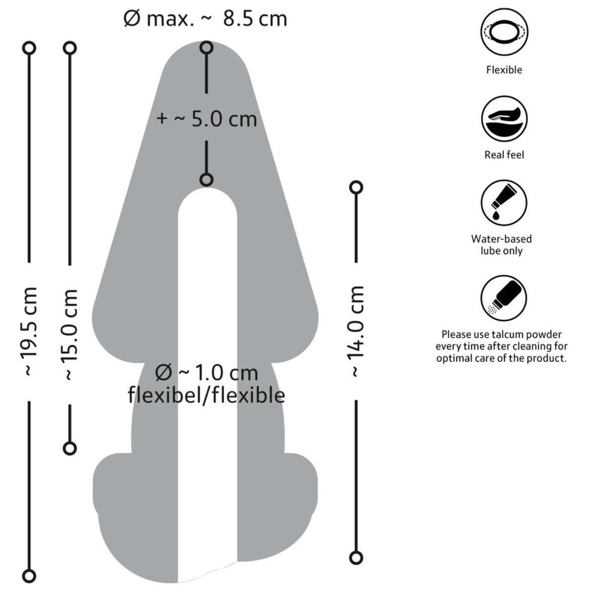 Diagramm zeigt Maße, Icons für flexibel, echtes Gefühl, nur Gleitmittel auf Wasserbasis und Puderpflege.