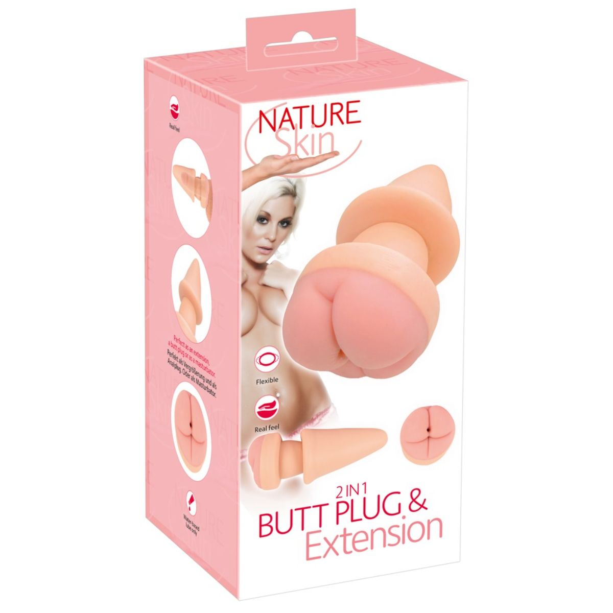 Rosa Verpackung für ein Nature Skin 2-in-1-Buttplug- und Verlängerungsspielzeug mit Produktbildern.