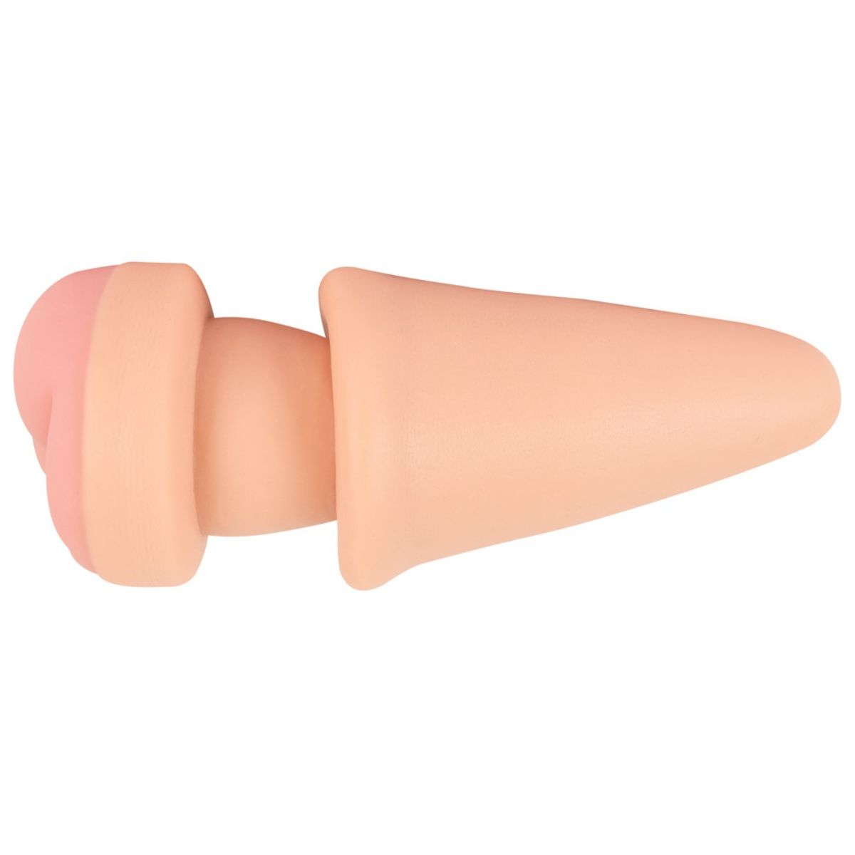 Ein pfirsichfarbenes, kegelförmiges Wellness-Toy auf weißem Hintergrund.