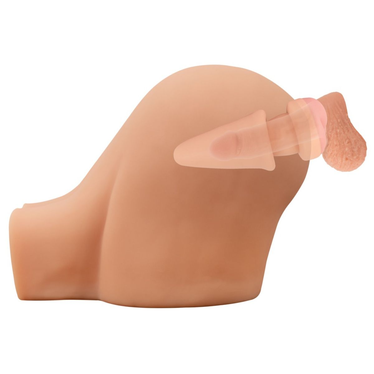 Ein fleischfarbenes Sextoy in Gesäßform mit angedeutetem Genitalbereich vor weißem Hintergrund.