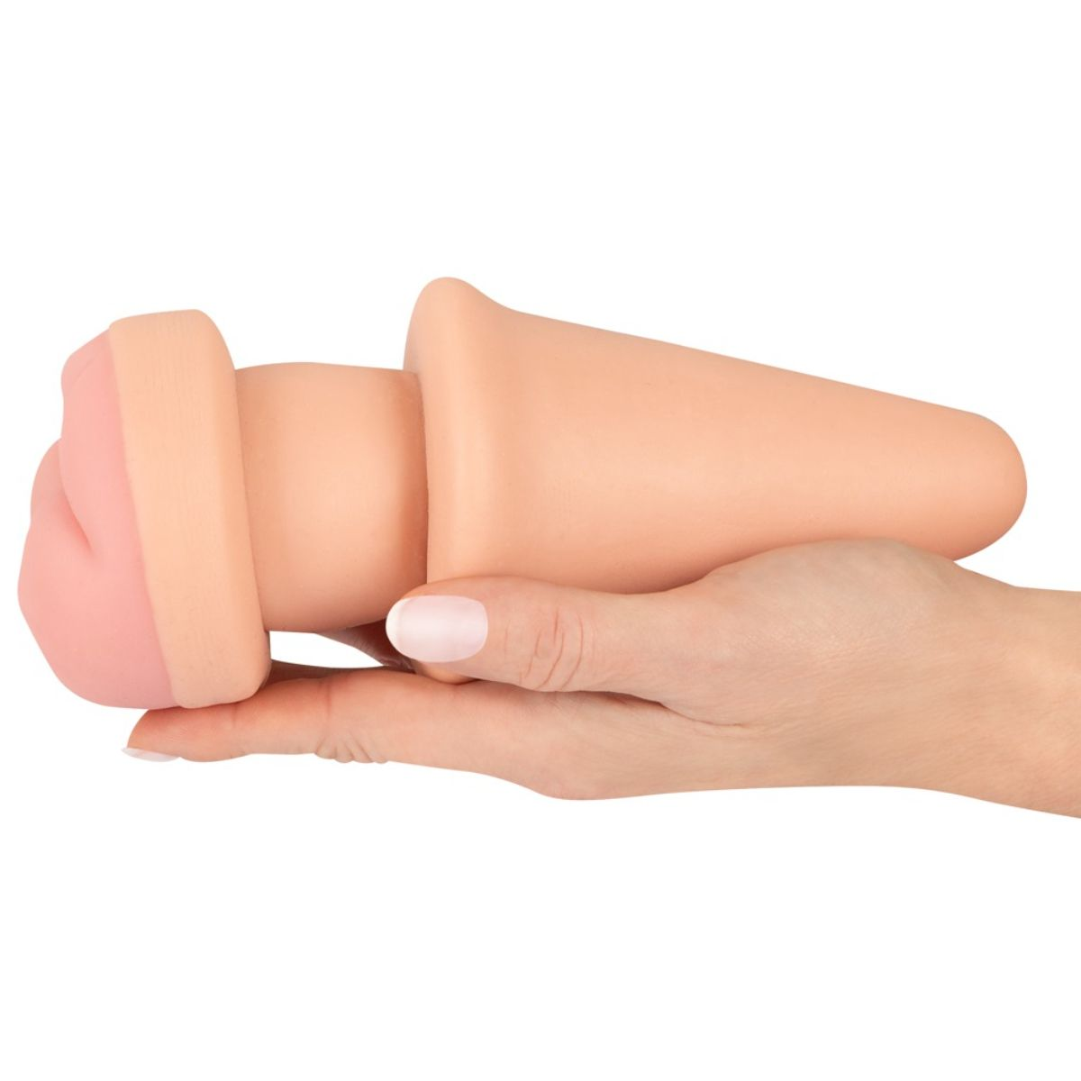 Eine Hand hält ein rosafarbenes Wellness-Gerät aus Silikon mit runden Abschnitten.