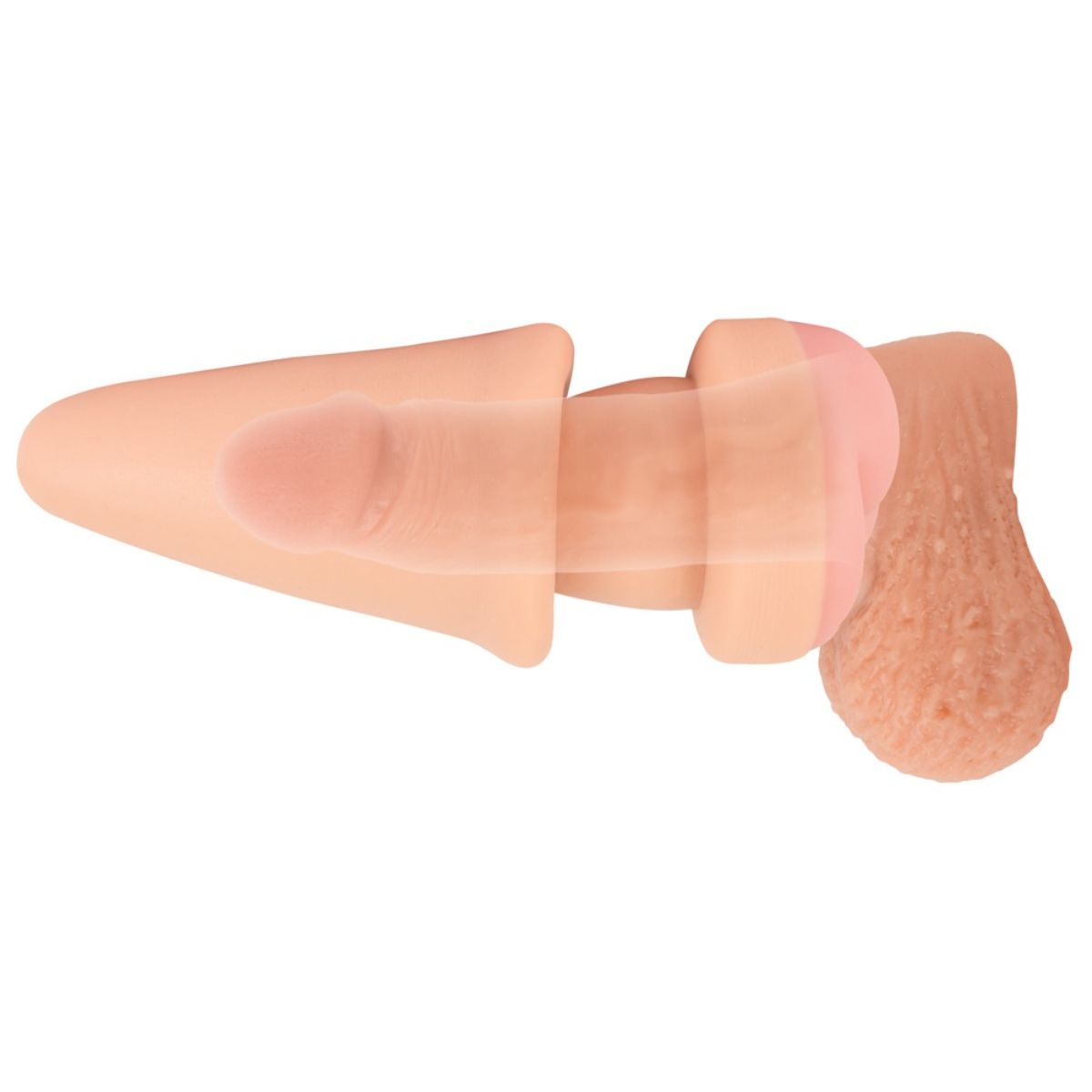 Ein fleischfarbenes Sextoy mit einem phallusförmigen Aufsatz und strukturierter Basis.