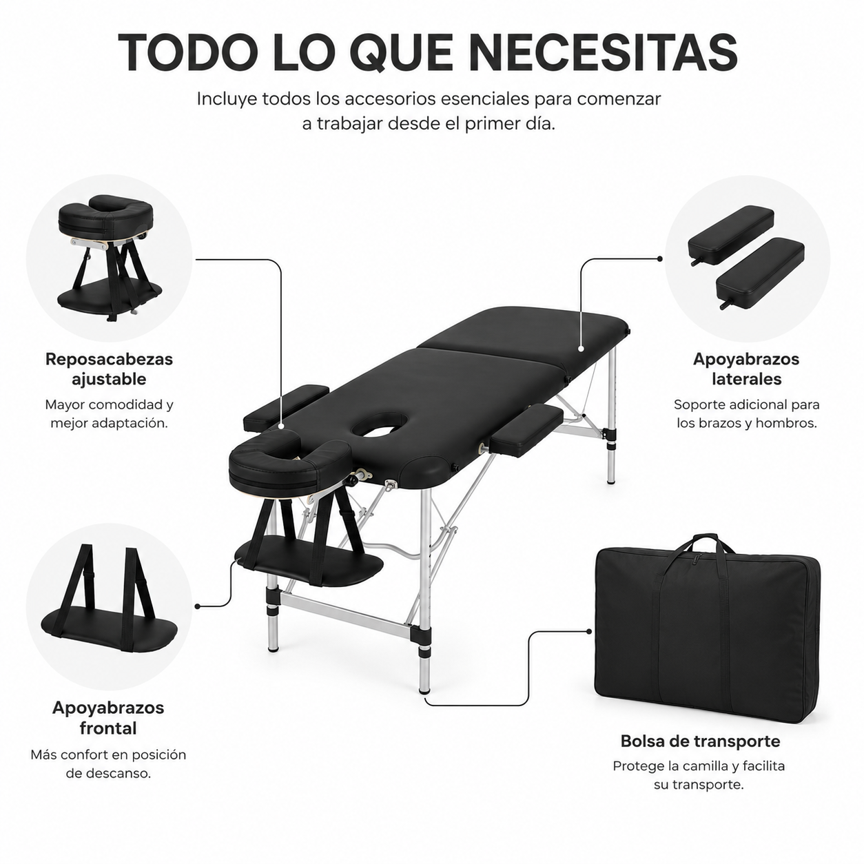 Camilla de masajes negra con accesorios y texto en español.