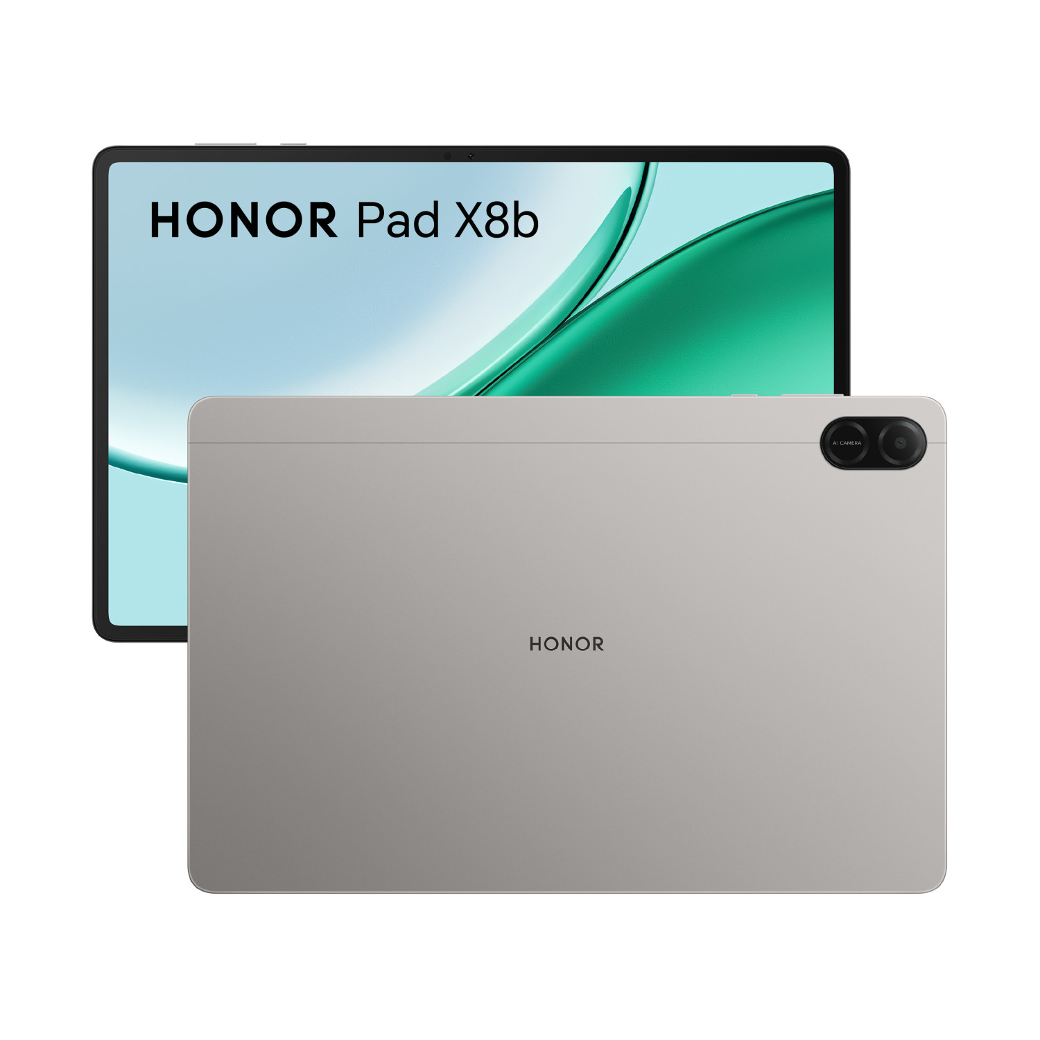 Honor Pad X8b Tablet in Silber, vorne mit Display und Text, hinten mit Kamera und Honor-Logo.