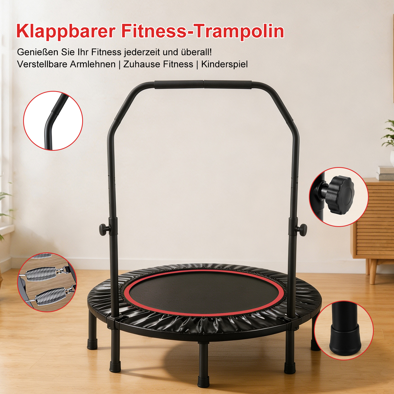 Un trampolín de fitness negro con pasamanos en interior sobre suelo de madera con detalles.