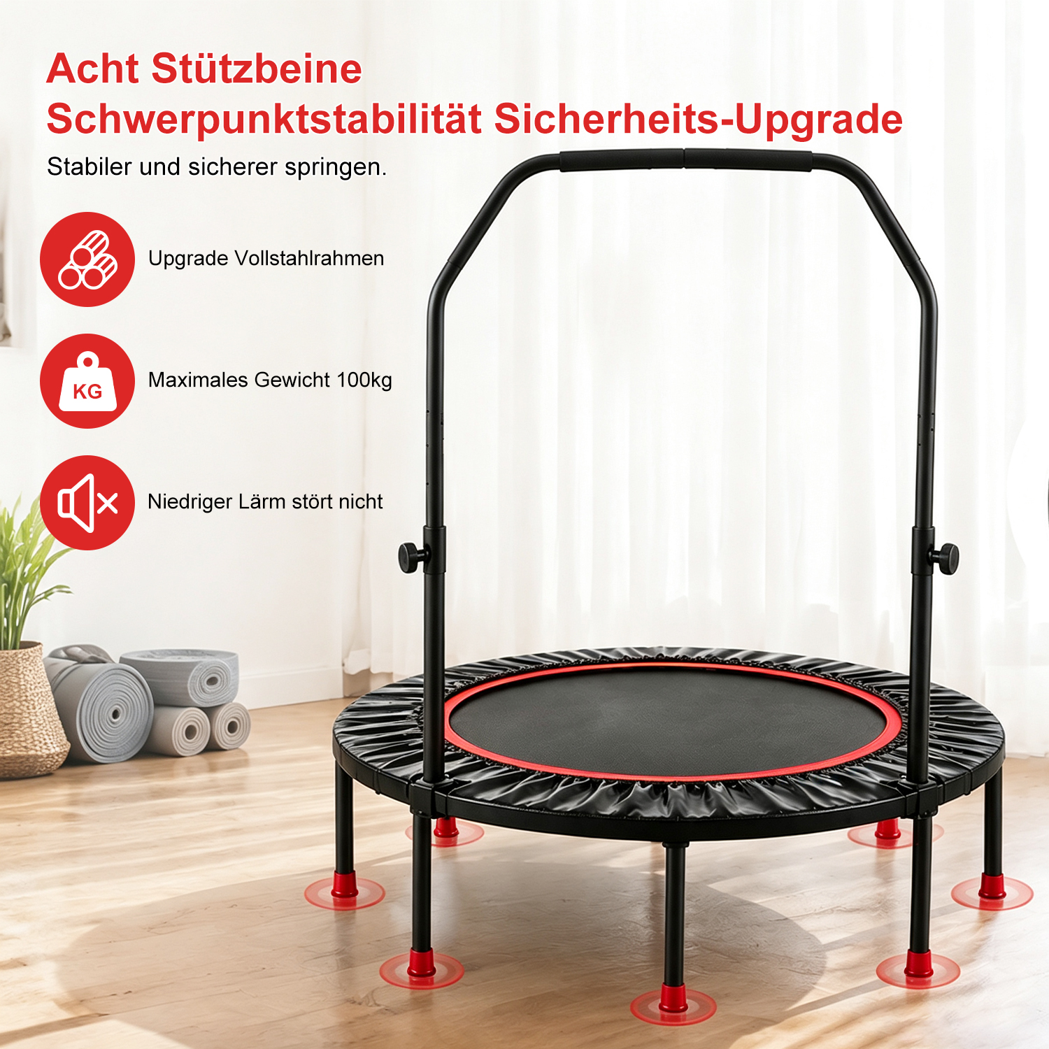 Trampolín de fitness negro con manillar y detalles rojos en interior.
