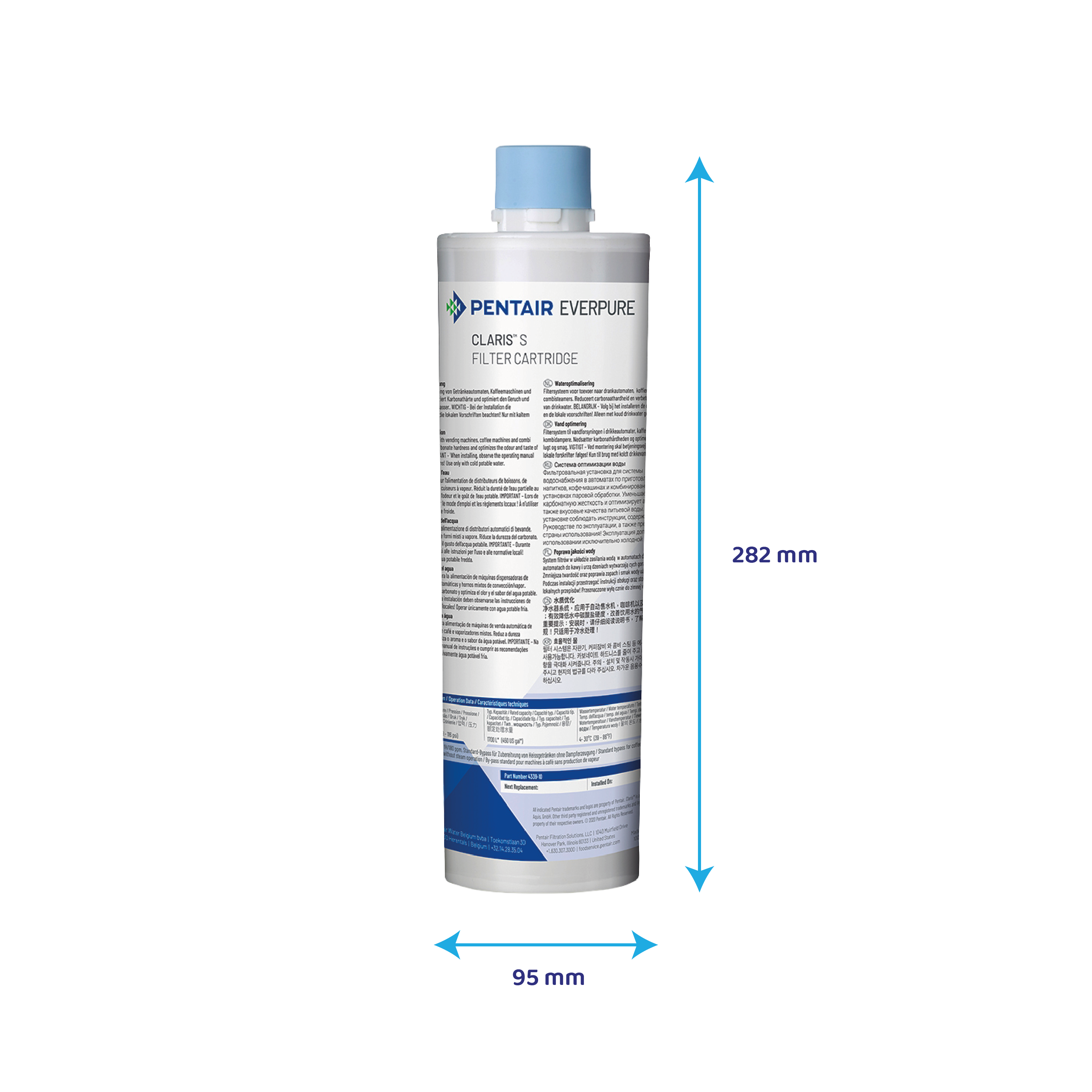 Pentair Everpure Claris S Filterkartusche mit Maßangaben von 282 mm Höhe und 95 mm Breite.