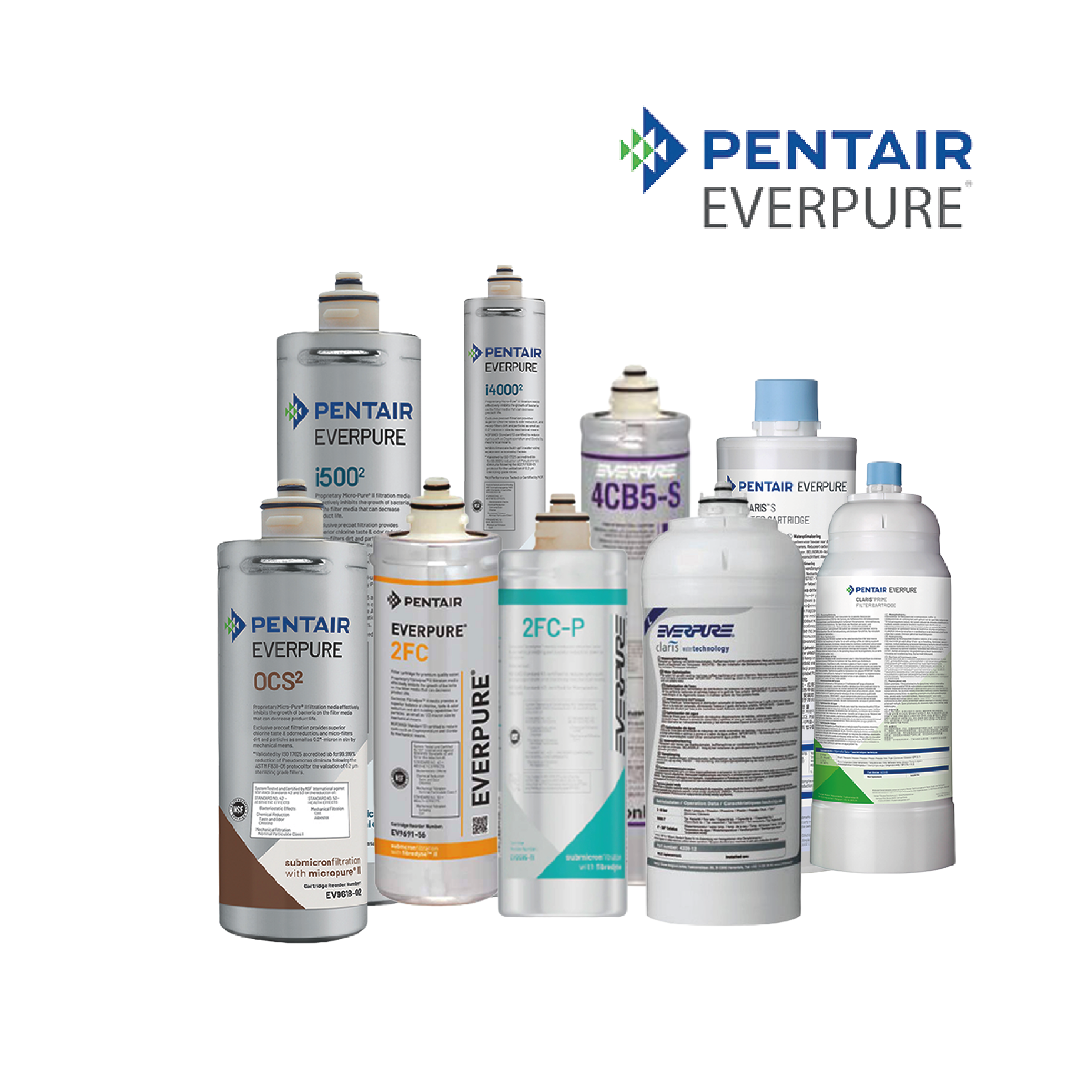 Eine Sammlung verschiedener Pentair Everpure Wasserfilterpatronen vor weißem Hintergrund.