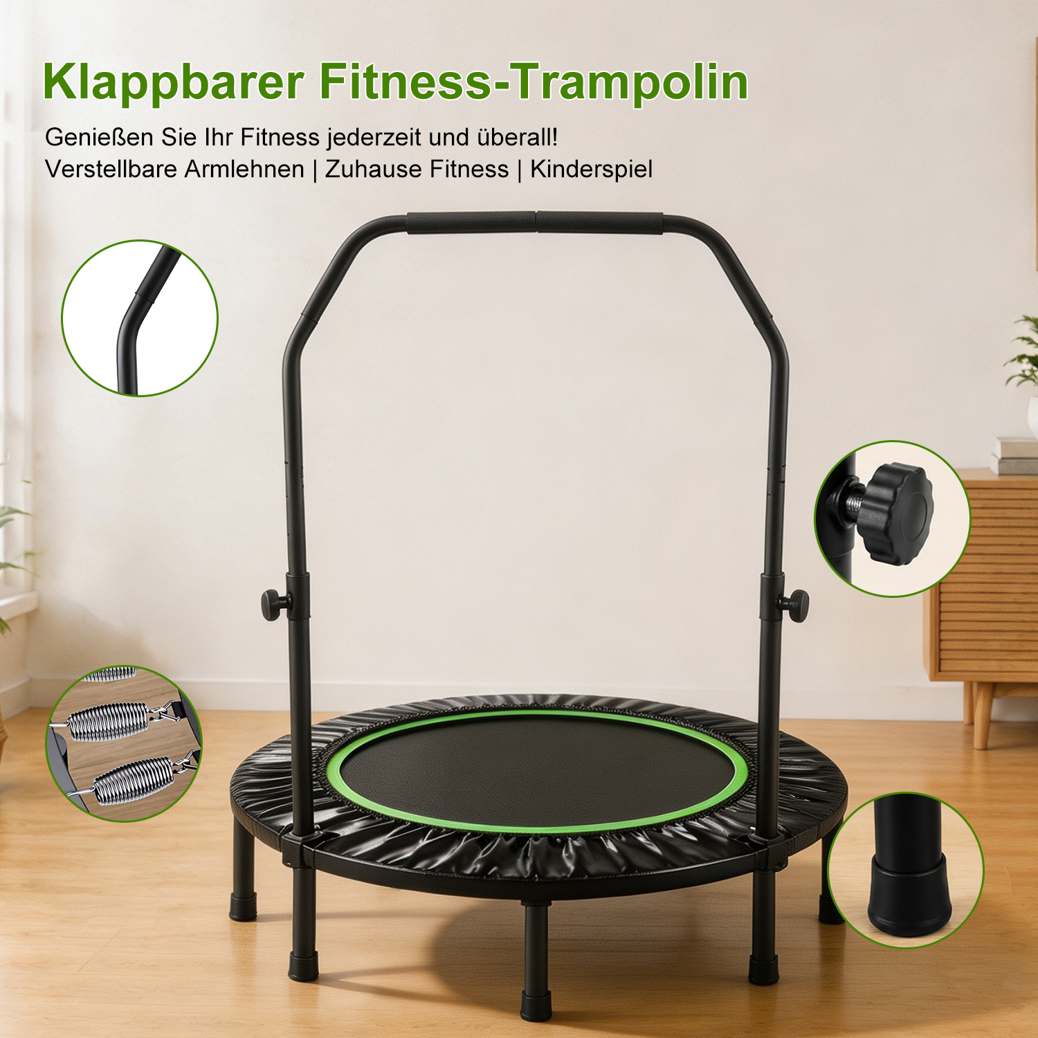 Trampolín de fitness negro con asa y borde verde, mostrando primeros planos en círculos.