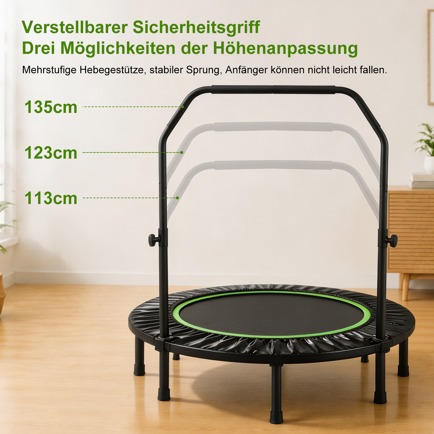 Un pequeño trampolín de fitness negro con un mango ajustable en una habitación con suelo de madera.