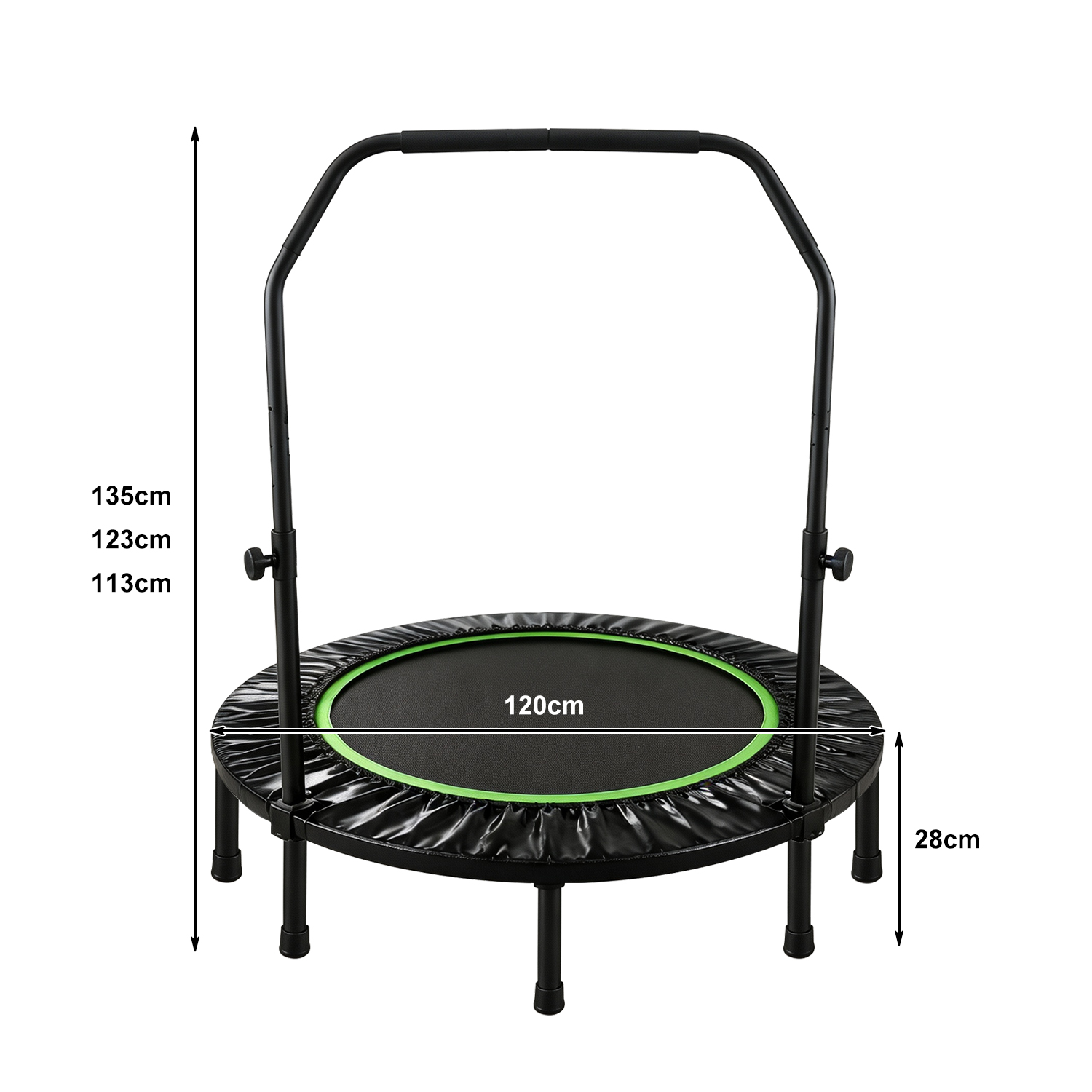 Trampolín de fitness negro con borde verde y manillar ajustable, mostrado con dimensiones de altura y ancho.