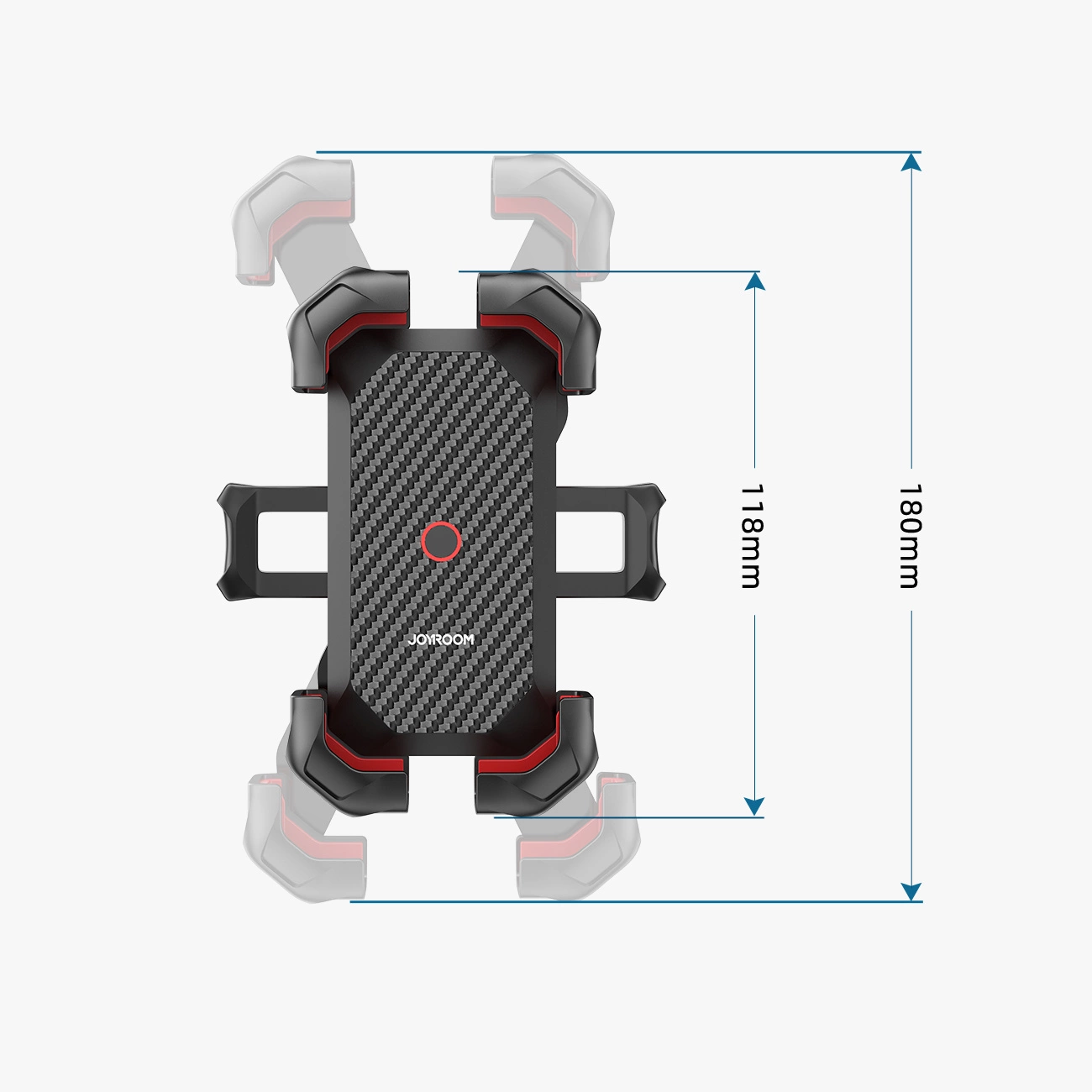 Technische Zeichnung eines schwarzen Smartphone-Haltern mit Maßen von 118mm und 180mm.