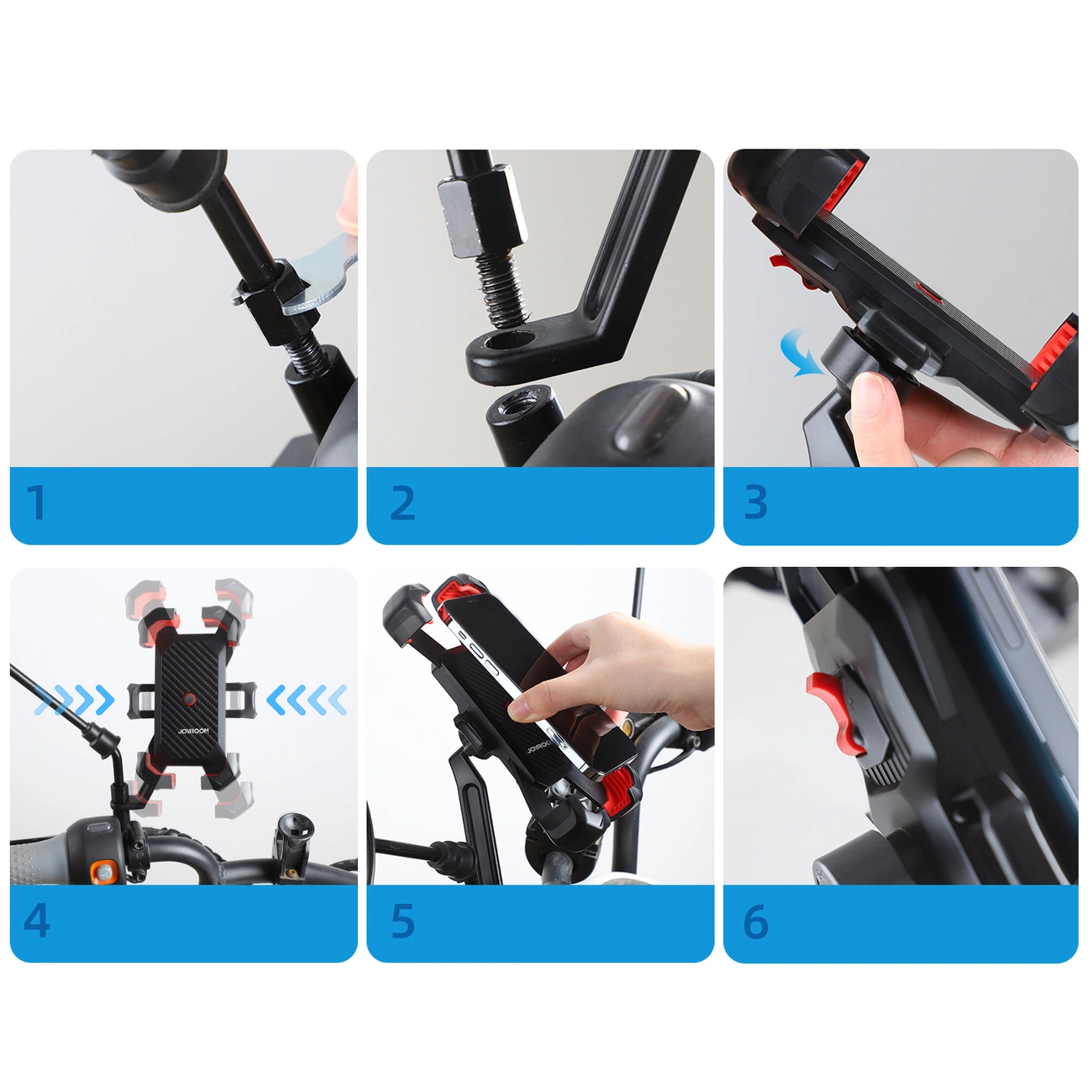 Sechsschrittige visuelle Anleitung zur Montage einer Motorrad-Smartphone-Halterung.