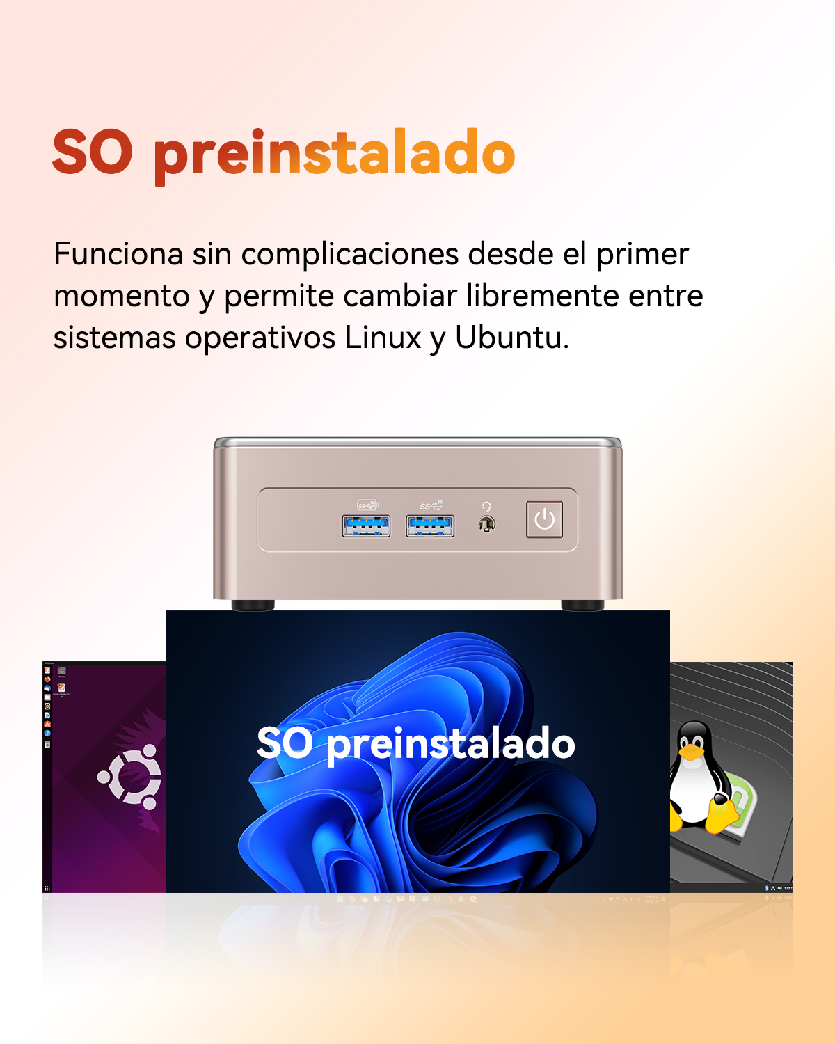 PC compacto con sistemas operativos preinstalados, mostrando interfaces de Linux, Windows y Ubuntu.