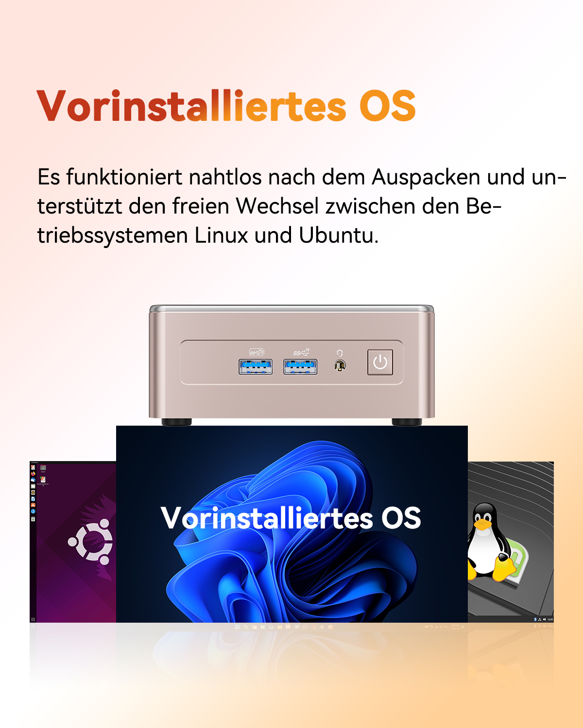 Mini-PC mit vorinstallierten Betriebssystemen Linux und Ubuntu auf einem Farbverlauf-Hintergrund.
