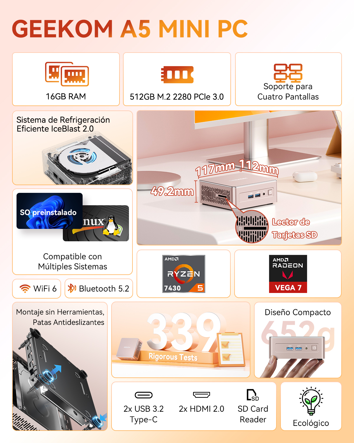 Anuncio de producto del Mini PC Geekom A5 que muestra especificaciones y características.