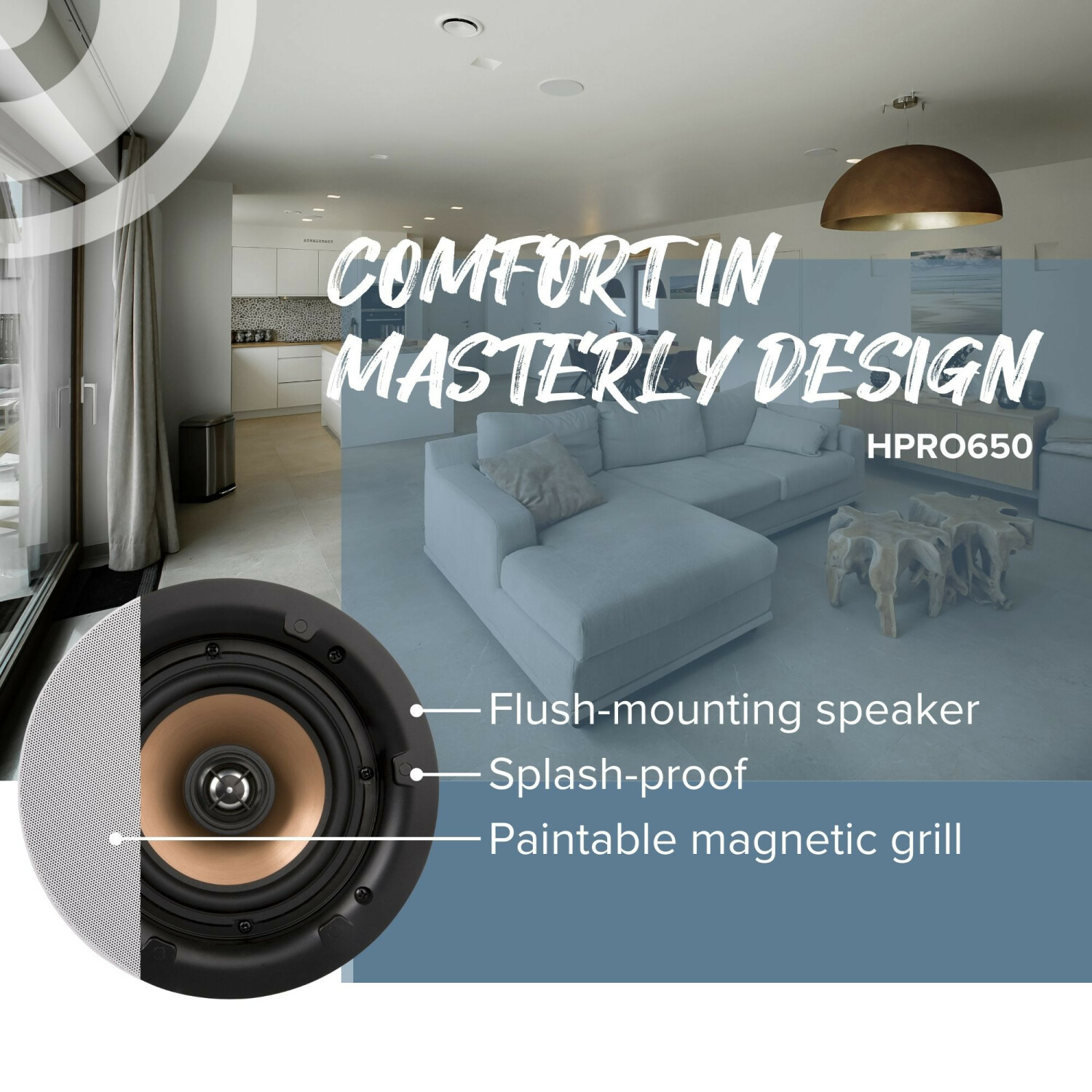 Een witte inbouwplafondspeaker met tekst "Flush-mounting speaker", getoond tegen een moderne woonkamerachtergrond.