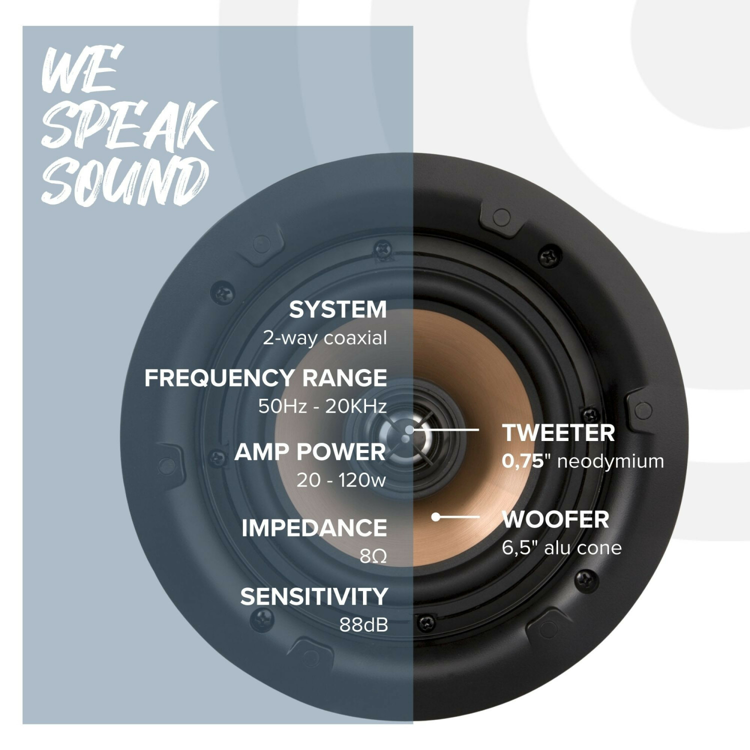 Technisch diagram van een ronde coaxiale plafondspeaker met specificaties en componentlabels.