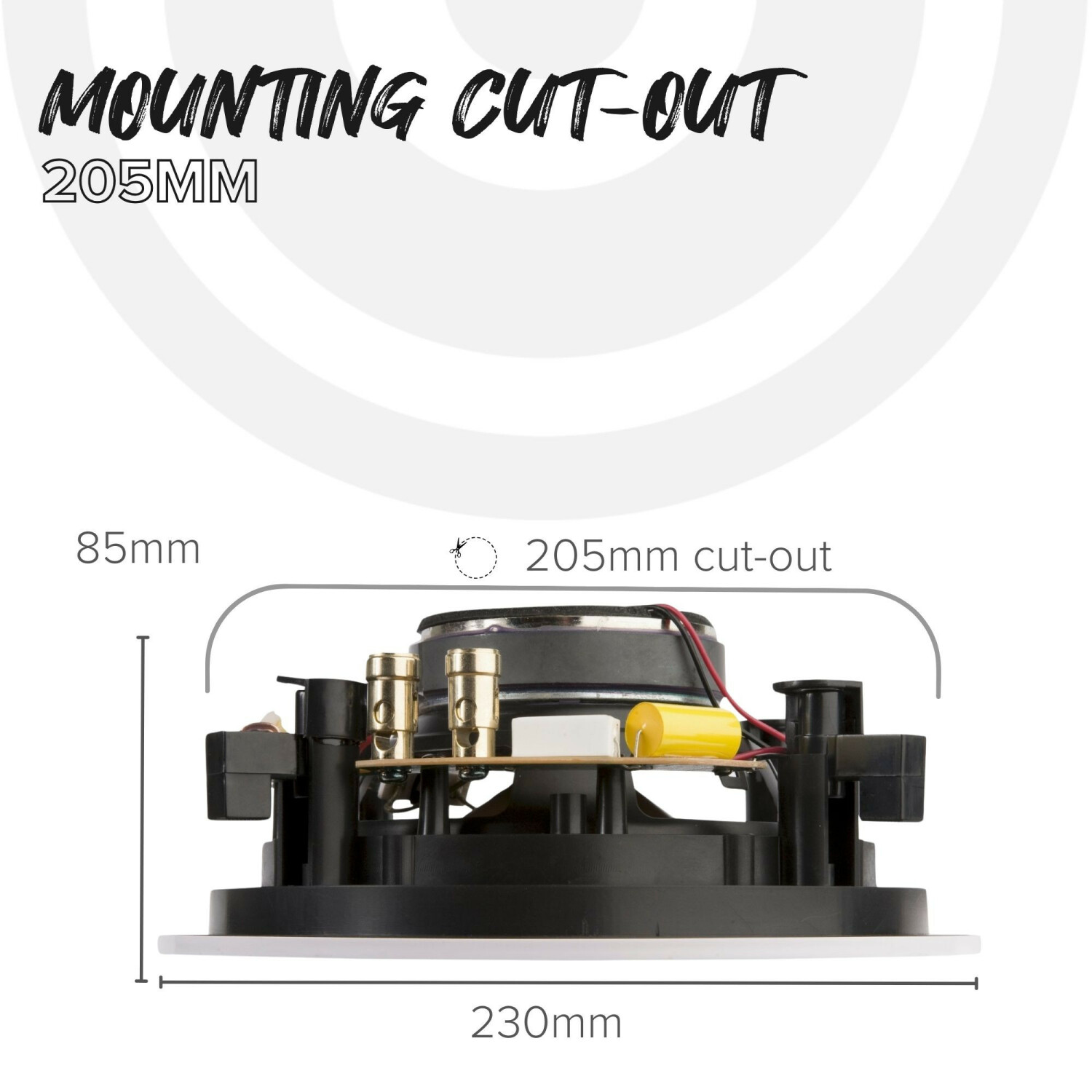 Diagram met inbouwmaten van een plafondluidspreker met een uitsparing van 205 mm.