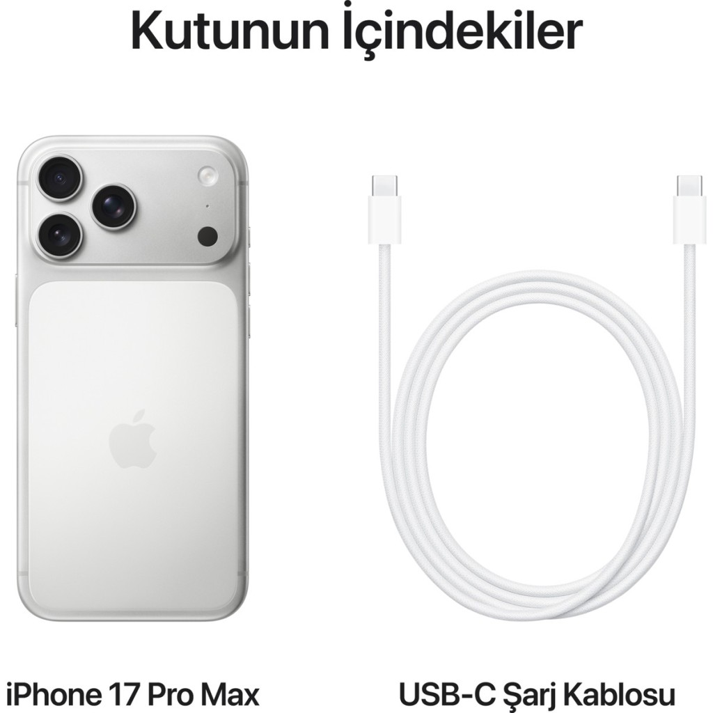 Un iPhone 17 Pro Max bianco e un cavo di ricarica USB-C bianco su sfondo bianco.
