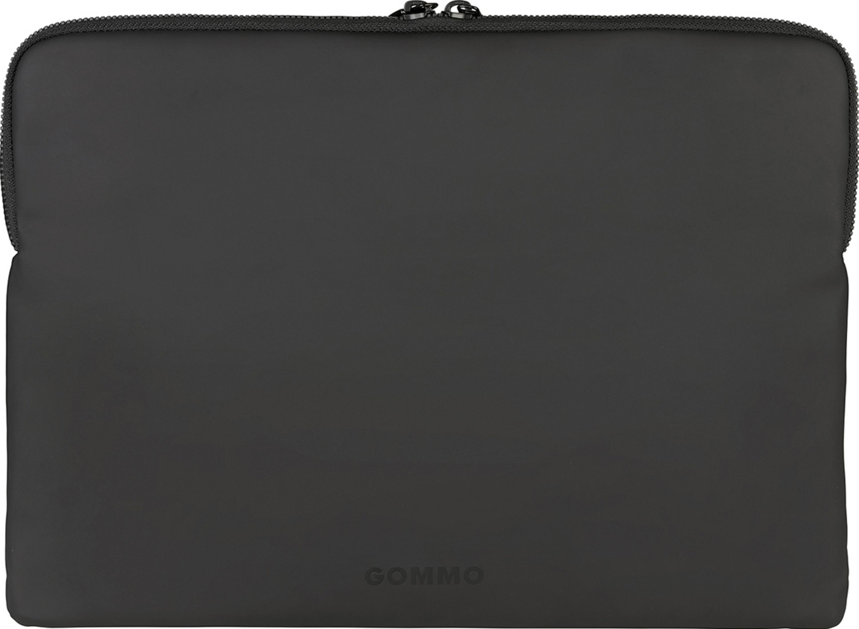 A black laptop sleeve with a top zipper and the brand name GOMMO at the bottom.