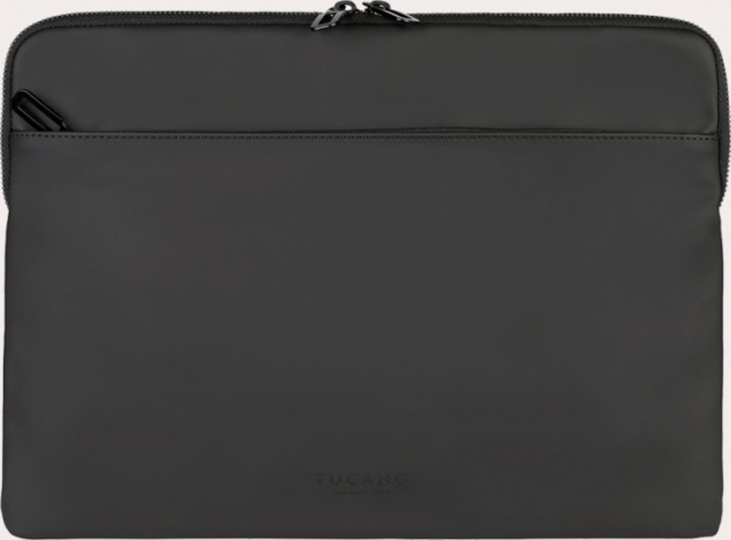 Black laptop sleeve with zipper and front pocket on a neutral background.