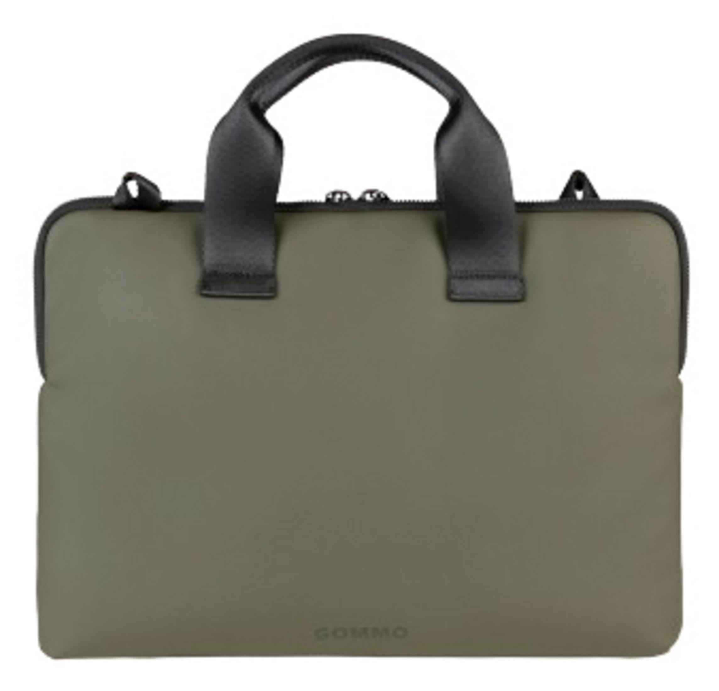 Una borsa per laptop verde oliva con manici e cerniere neri, con il marchio GOMMO.