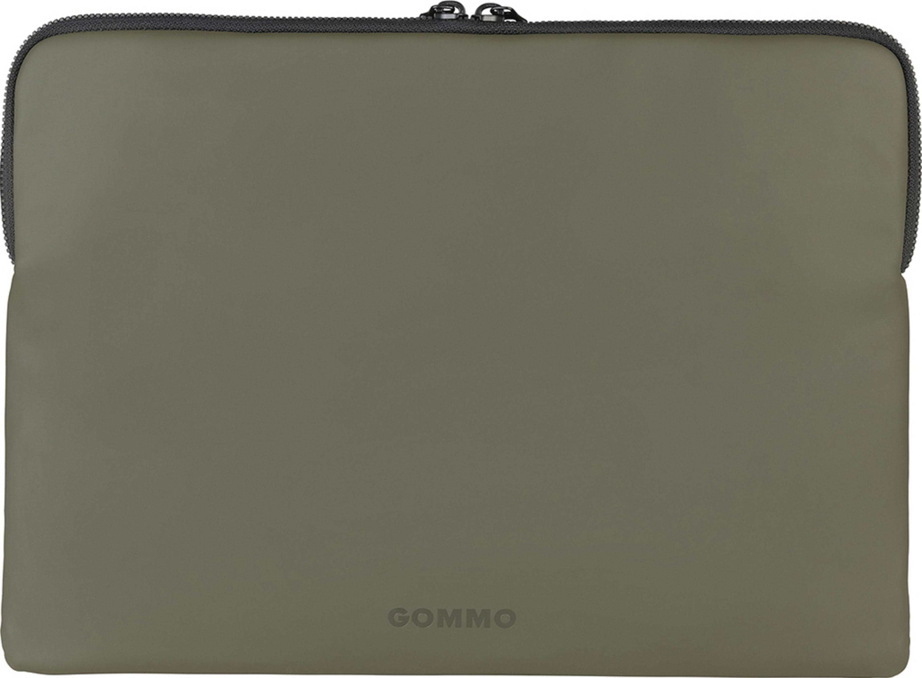 Una custodia per laptop verde oliva con cerniera nera e la scritta GOMMO stampata in grigio al centro in basso.