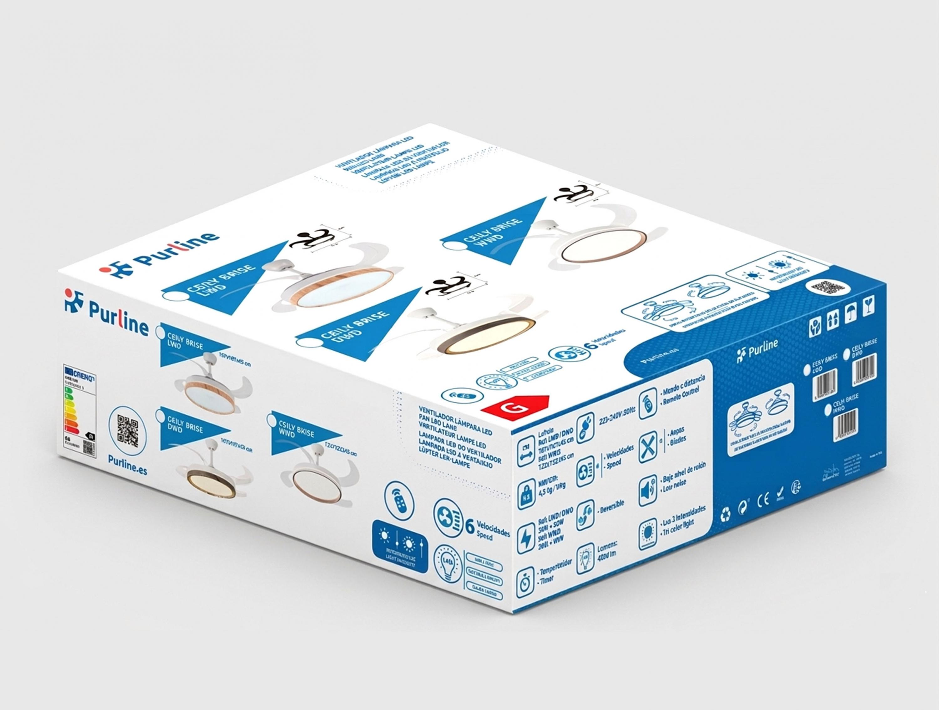 Una caja de producto blanca y azul para ventiladores de techo Purline con ilustraciones y especificaciones.