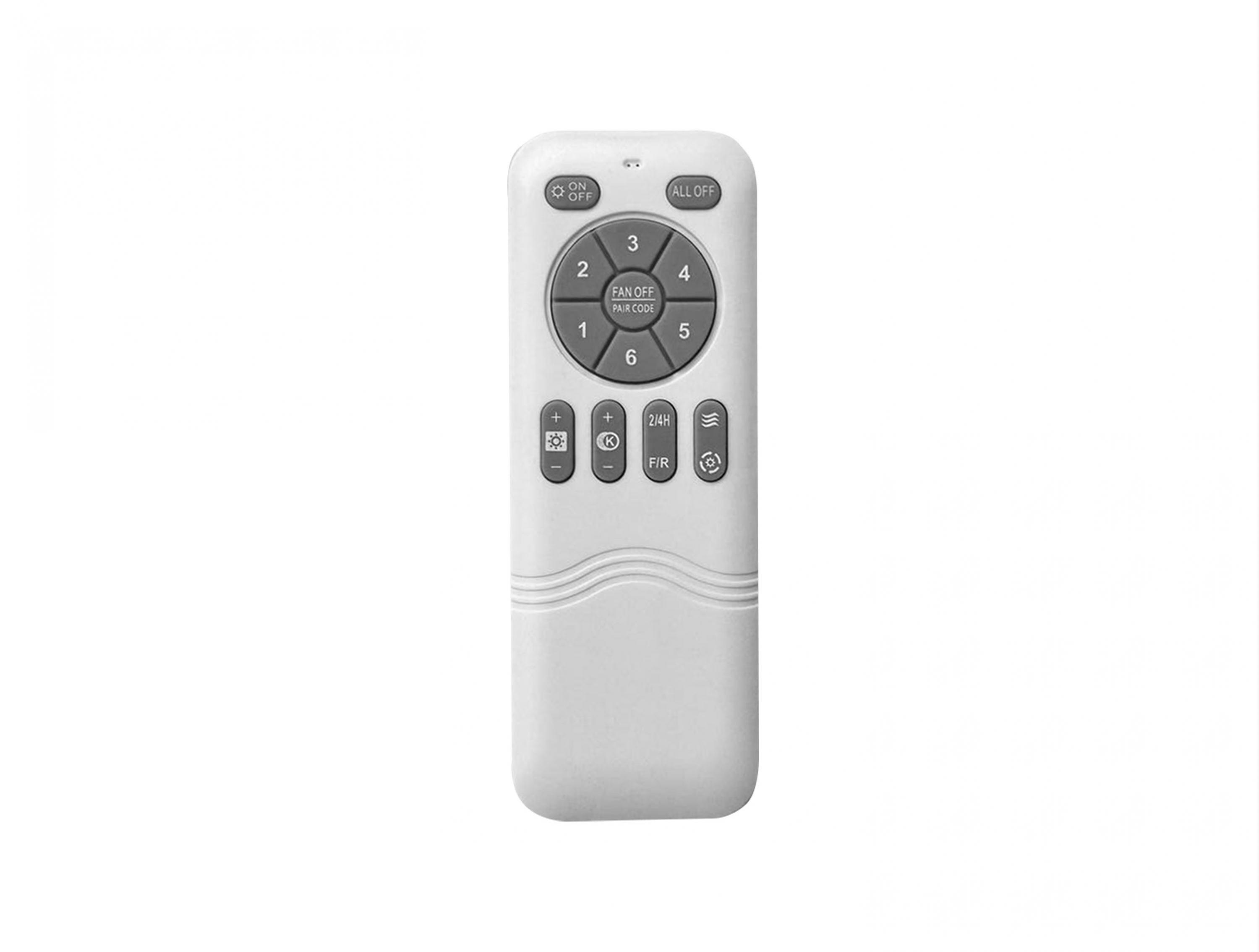 Un control remoto blanco con botones grises para ventilador, aislado en fondo blanco.