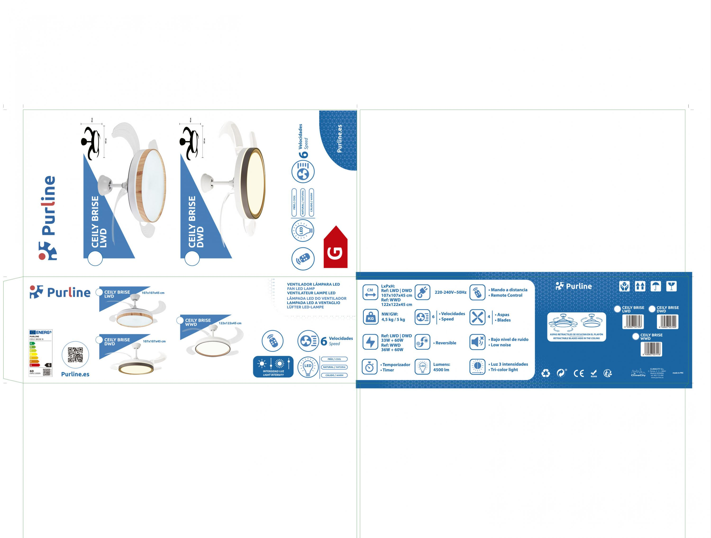 Embalaje de ventilador de techo LED Purline con dibujos técnicos y especificaciones.